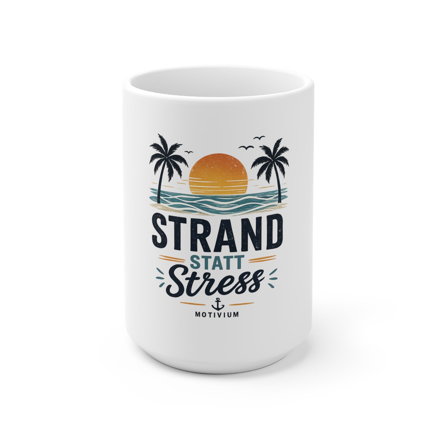 Strand statt Stress Tasse – Vintage Strand Keramiktasse mit Palmen & Sonnenuntergang | Motivium Kaffeebecher
