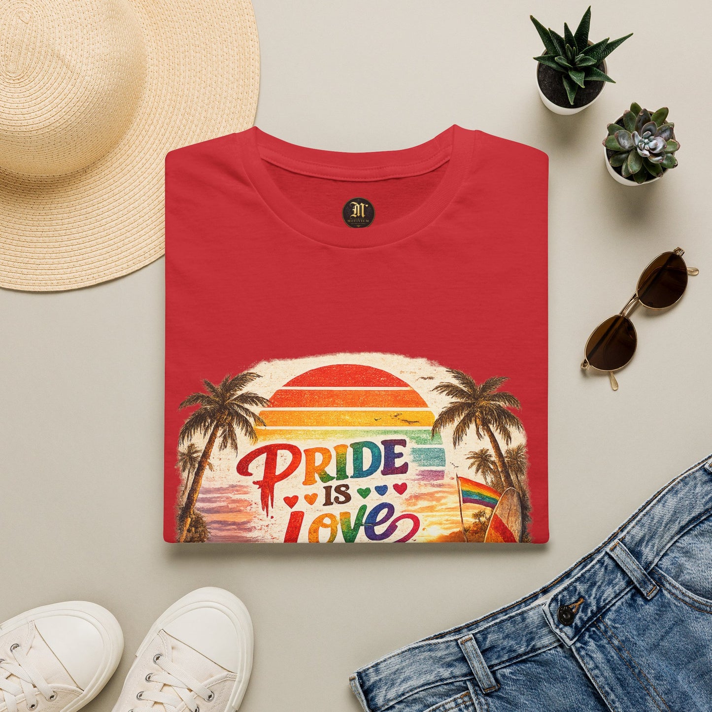 🌈 Pride Is Love Beach Edition T-Shirt | LGBTQ+ Pride Month Retro Sunset Surf Shirt | Rainbow Beach Summer Tee