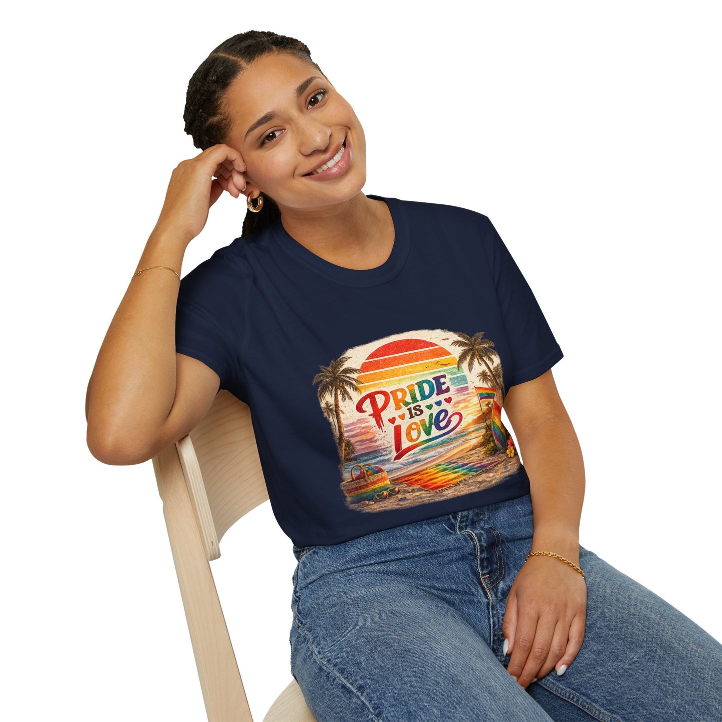 🌈 Pride Is Love Beach Edition T-Shirt | LGBTQ+ Pride Month Retro Sunset Surf Shirt | Rainbow Beach Summer Tee