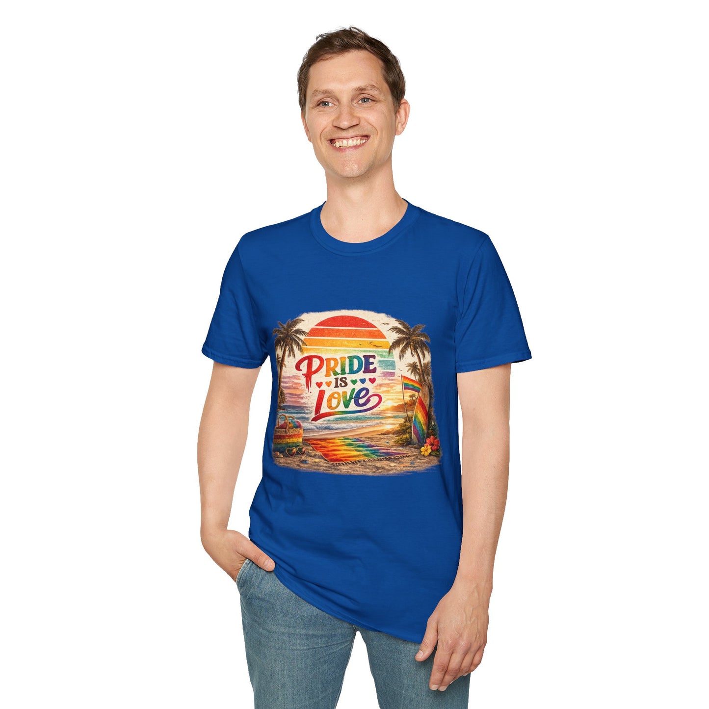🌈 Pride Is Love Beach Edition T-Shirt | LGBTQ+ Pride Month Retro Sunset Surf Shirt | Rainbow Beach Summer Tee