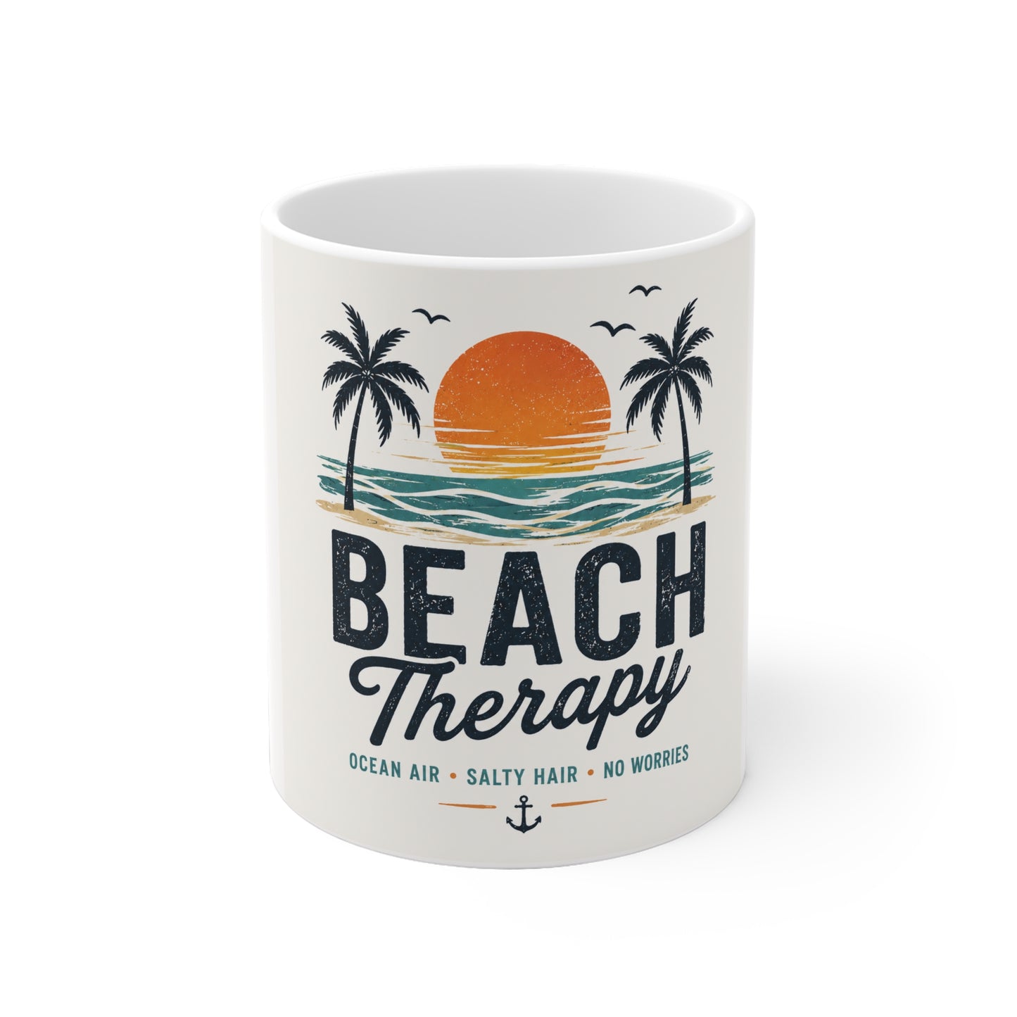 Beach Therapy Tasse – Retro Strand Kaffeebecher mit Palmen & Sonnenuntergang | Ocean Air Salty Hair No Worries
