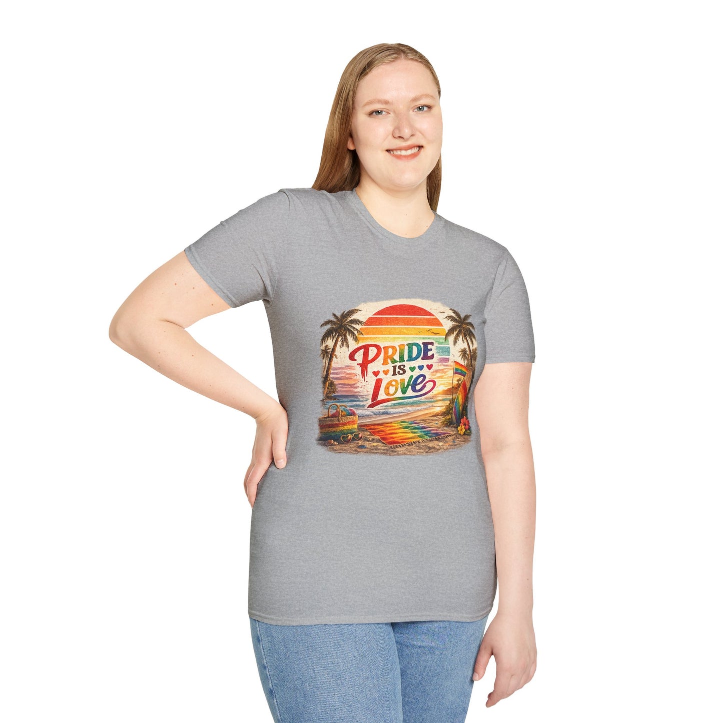 🌈 Pride Is Love Beach Edition T-Shirt | LGBTQ+ Pride Month Retro Sunset Surf Shirt | Rainbow Beach Summer Tee