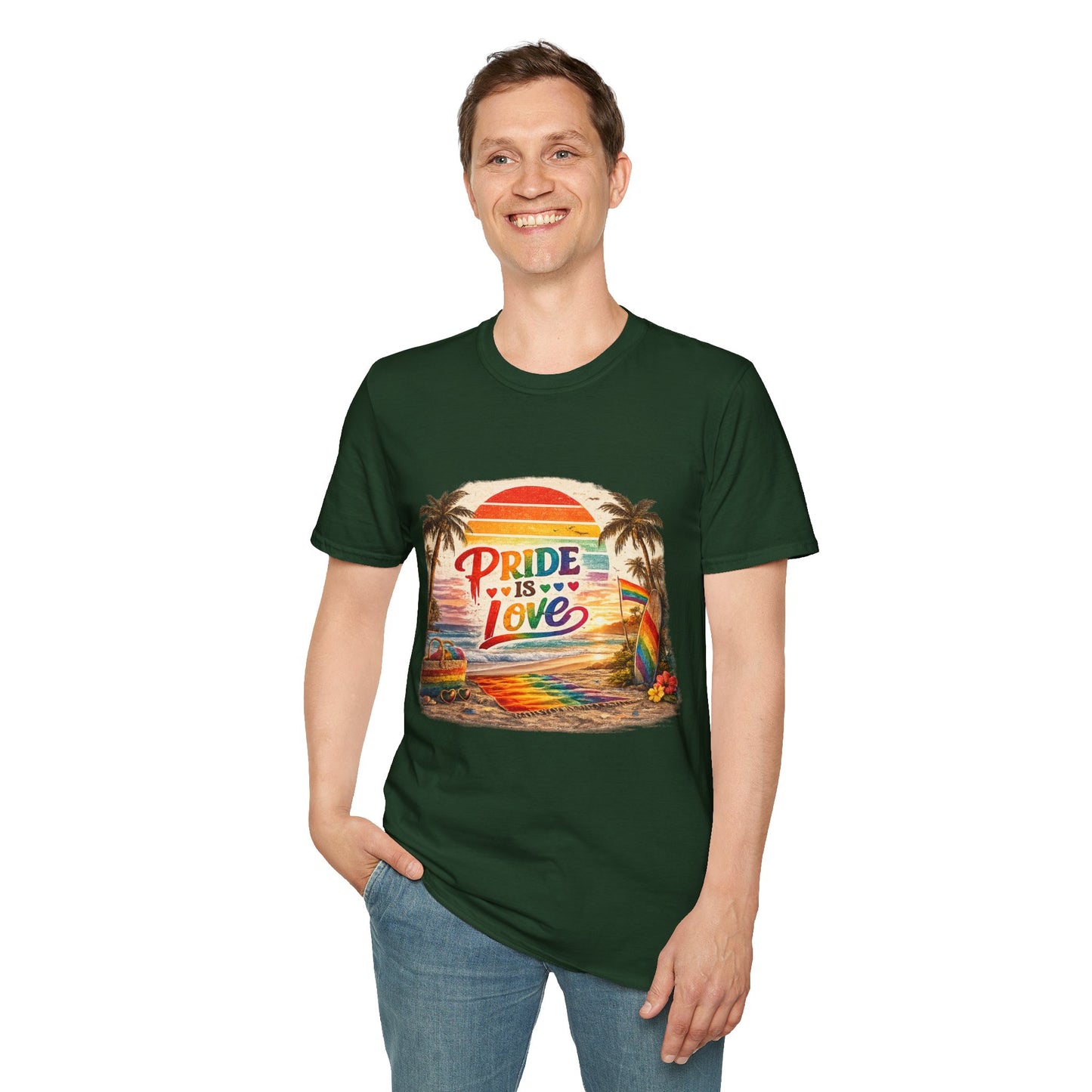 🌈 Pride Is Love Beach Edition T-Shirt | LGBTQ+ Pride Month Retro Sunset Surf Shirt | Rainbow Beach Summer Tee