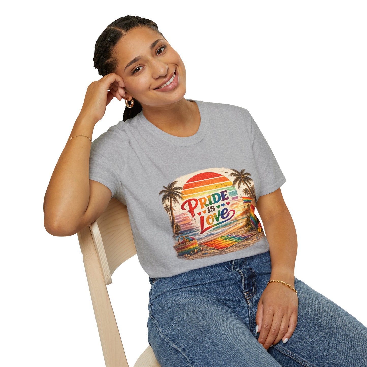 🌈 Pride Is Love Beach Edition T-Shirt | LGBTQ+ Pride Month Retro Sunset Surf Shirt | Rainbow Beach Summer Tee