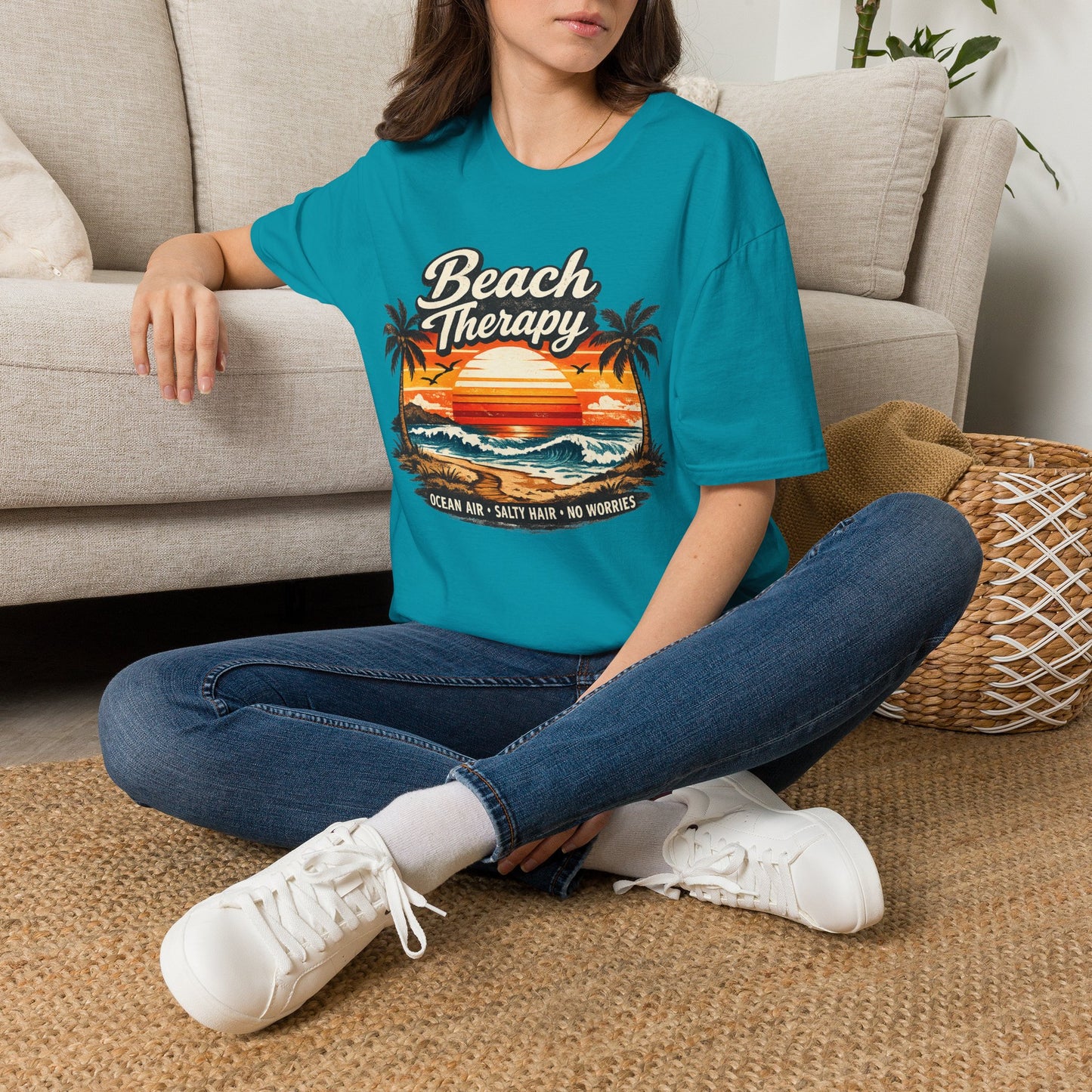 Beach Therapy Vintage Sunset T-Shirt – Ocean Air Salty Hair No Worries Summer Beach Shirt