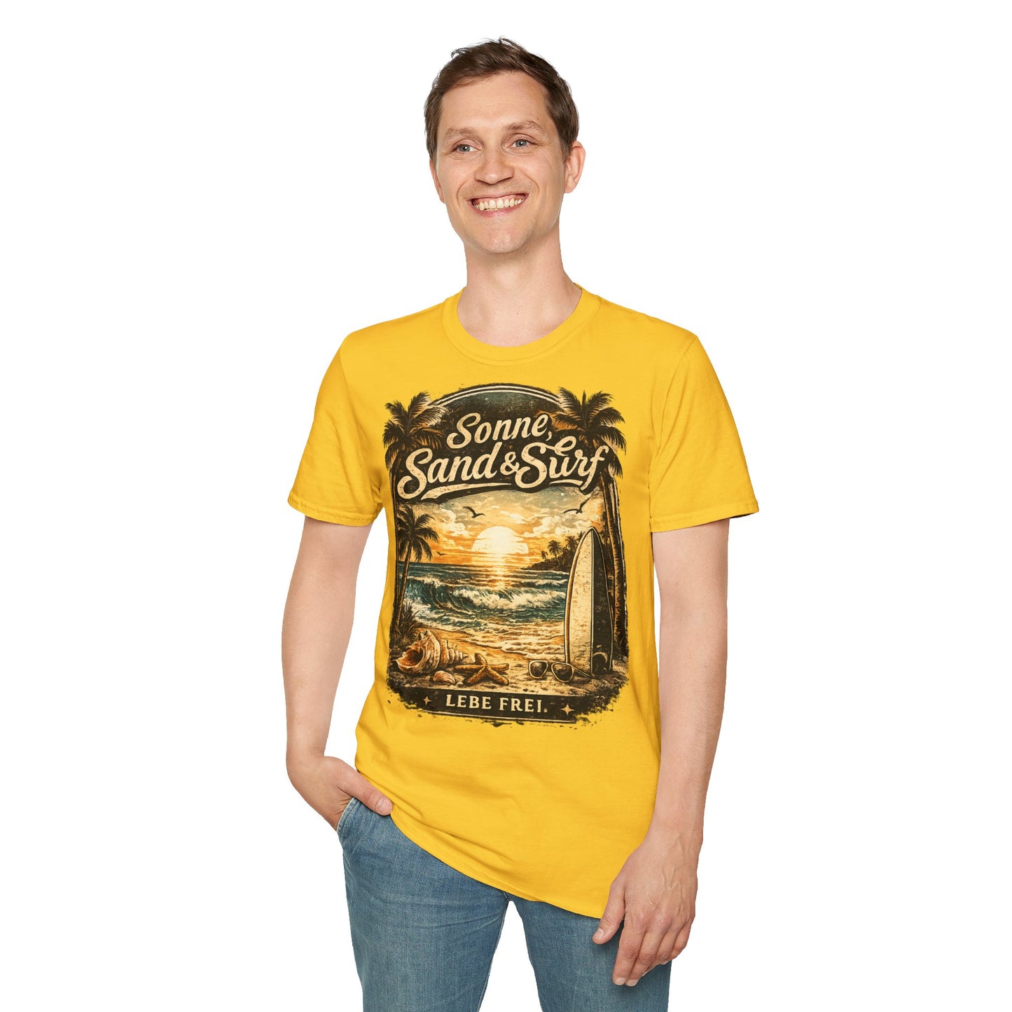 🌴 Sonne, Sand & Surf T-Shirt – Lebe Frei | Vintage Beach Lifestyle Design