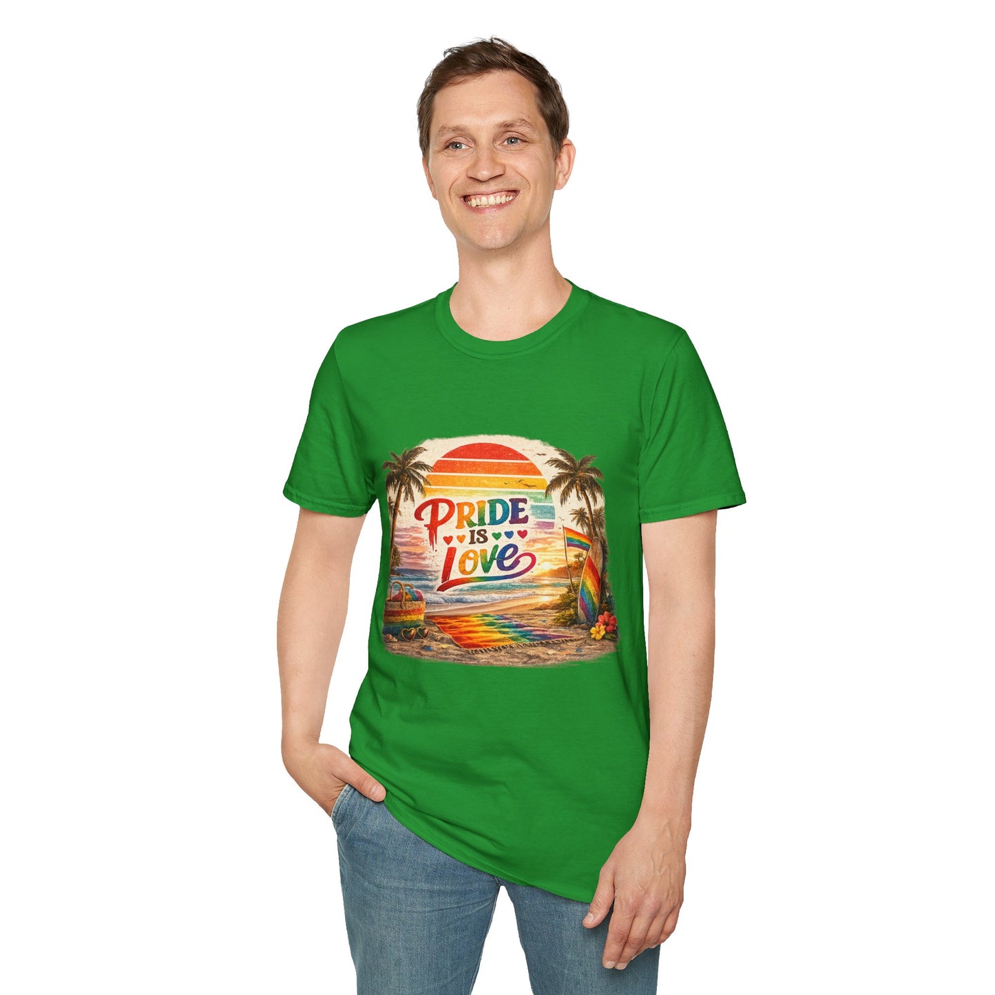 🌈 Pride Is Love Beach Edition T-Shirt | LGBTQ+ Pride Month Retro Sunset Surf Shirt | Rainbow Beach Summer Tee