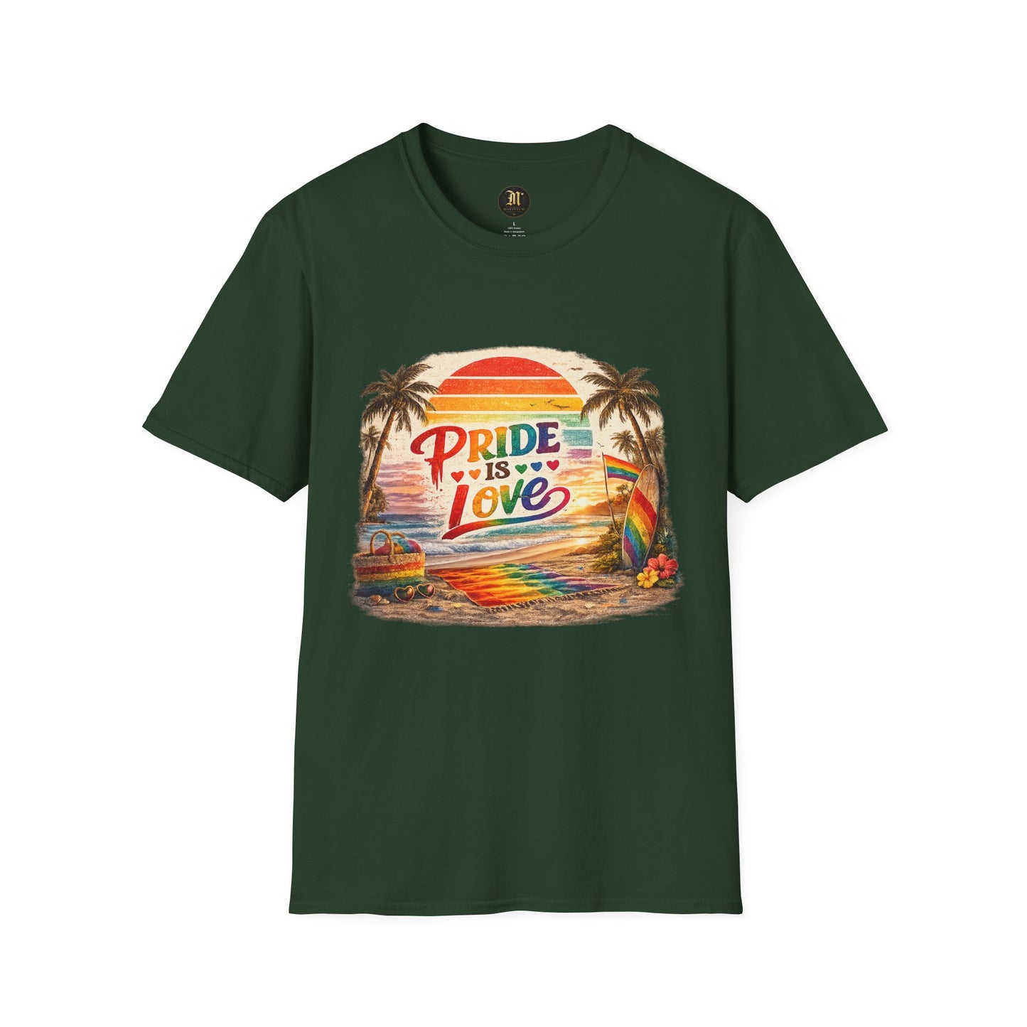 🌈 Pride Is Love Beach Edition T-Shirt | LGBTQ+ Pride Month Retro Sunset Surf Shirt | Rainbow Beach Summer Tee
