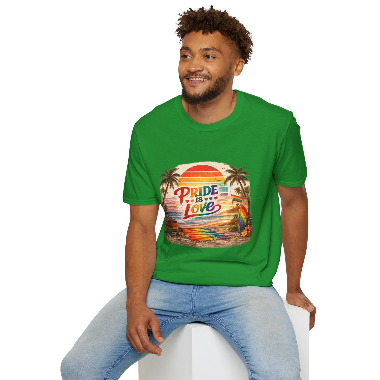 🌈 Pride Is Love Beach Edition T-Shirt | LGBTQ+ Pride Month Retro Sunset Surf Shirt | Rainbow Beach Summer Tee