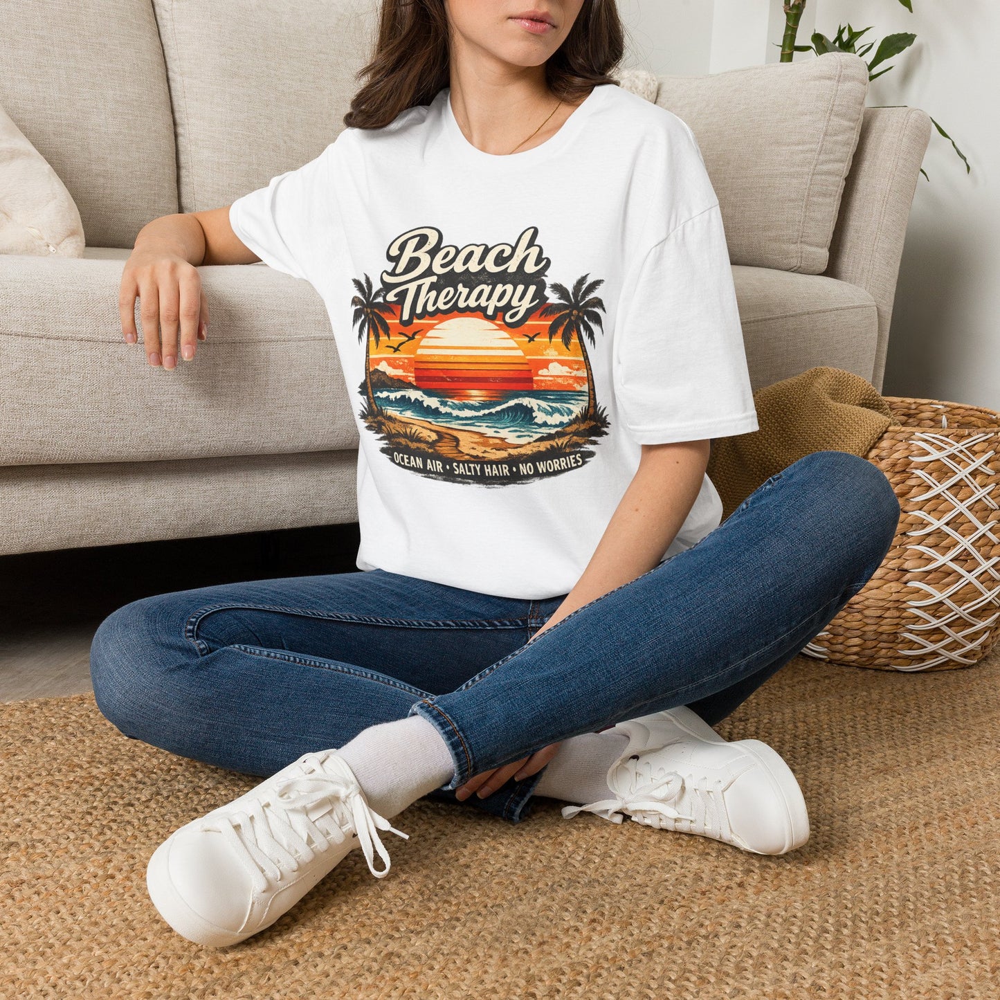 Beach Therapy Vintage Sunset T-Shirt – Ocean Air Salty Hair No Worries Summer Beach Shirt