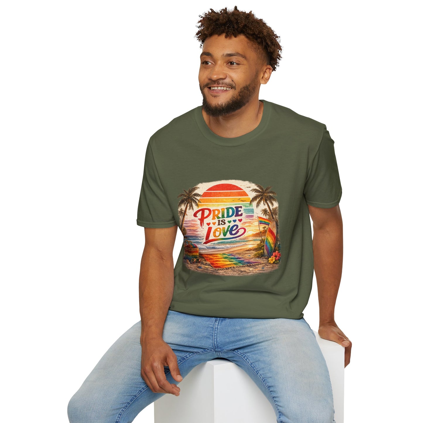 🌈 Pride Is Love Beach Edition T-Shirt | LGBTQ+ Pride Month Retro Sunset Surf Shirt | Rainbow Beach Summer Tee