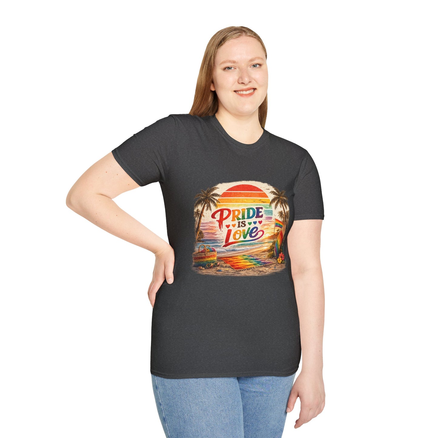 🌈 Pride Is Love Beach Edition T-Shirt | LGBTQ+ Pride Month Retro Sunset Surf Shirt | Rainbow Beach Summer Tee