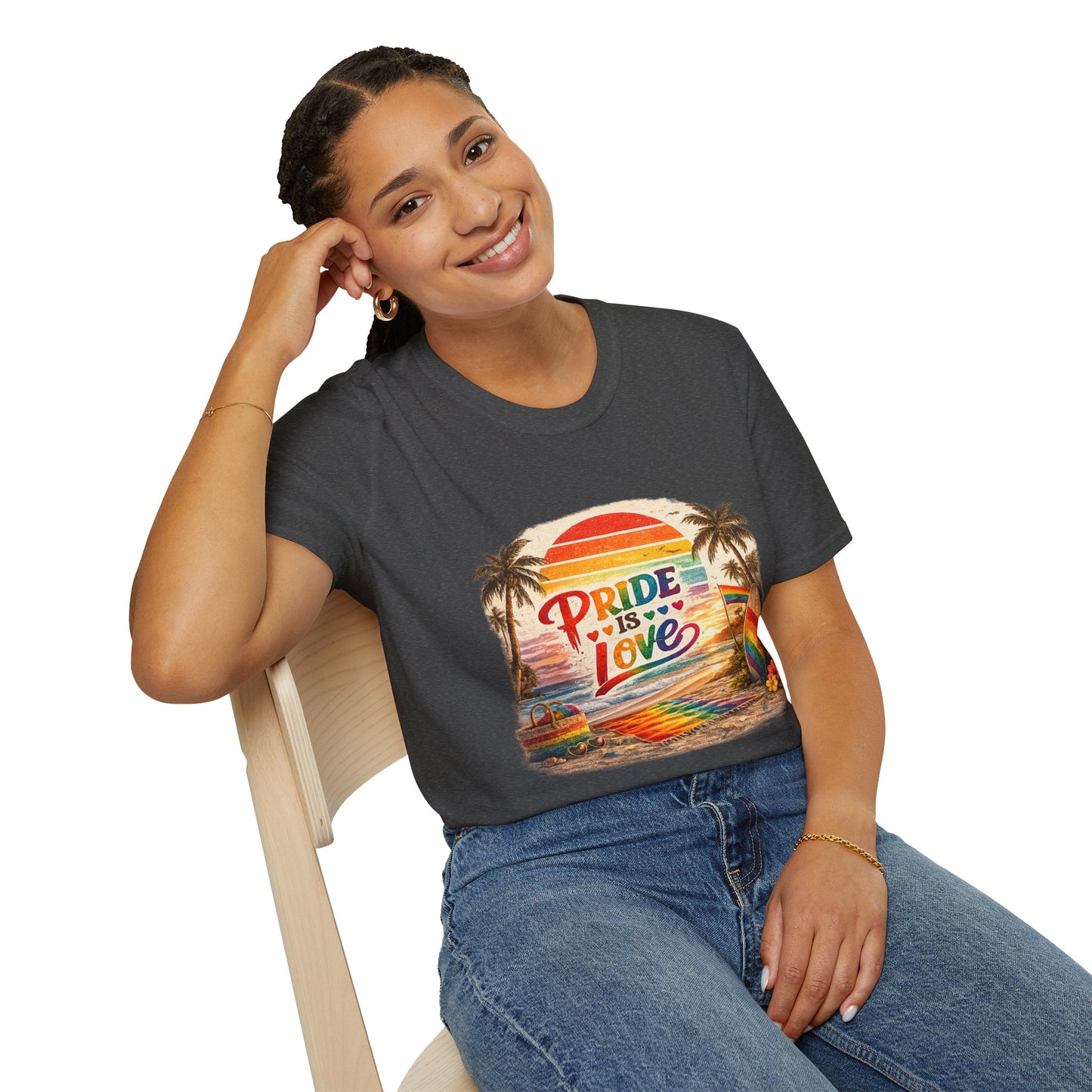 🌈 Pride Is Love Beach Edition T-Shirt | LGBTQ+ Pride Month Retro Sunset Surf Shirt | Rainbow Beach Summer Tee