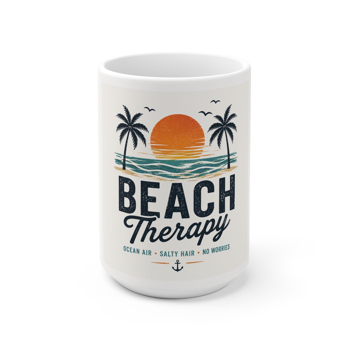 Beach Therapy Tasse – Retro Strand Kaffeebecher mit Palmen & Sonnenuntergang | Ocean Air Salty Hair No Worries