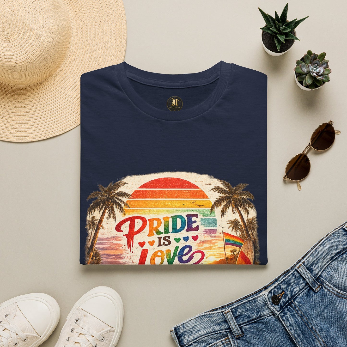 🌈 Pride Is Love Beach Edition T-Shirt | LGBTQ+ Pride Month Retro Sunset Surf Shirt | Rainbow Beach Summer Tee