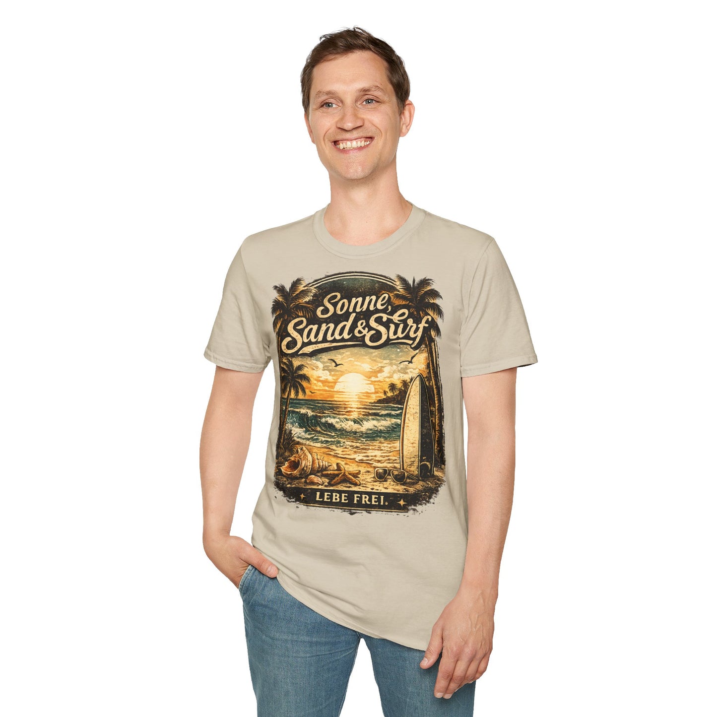 🌴 Sonne, Sand & Surf T-Shirt – Lebe Frei | Vintage Beach Lifestyle Design