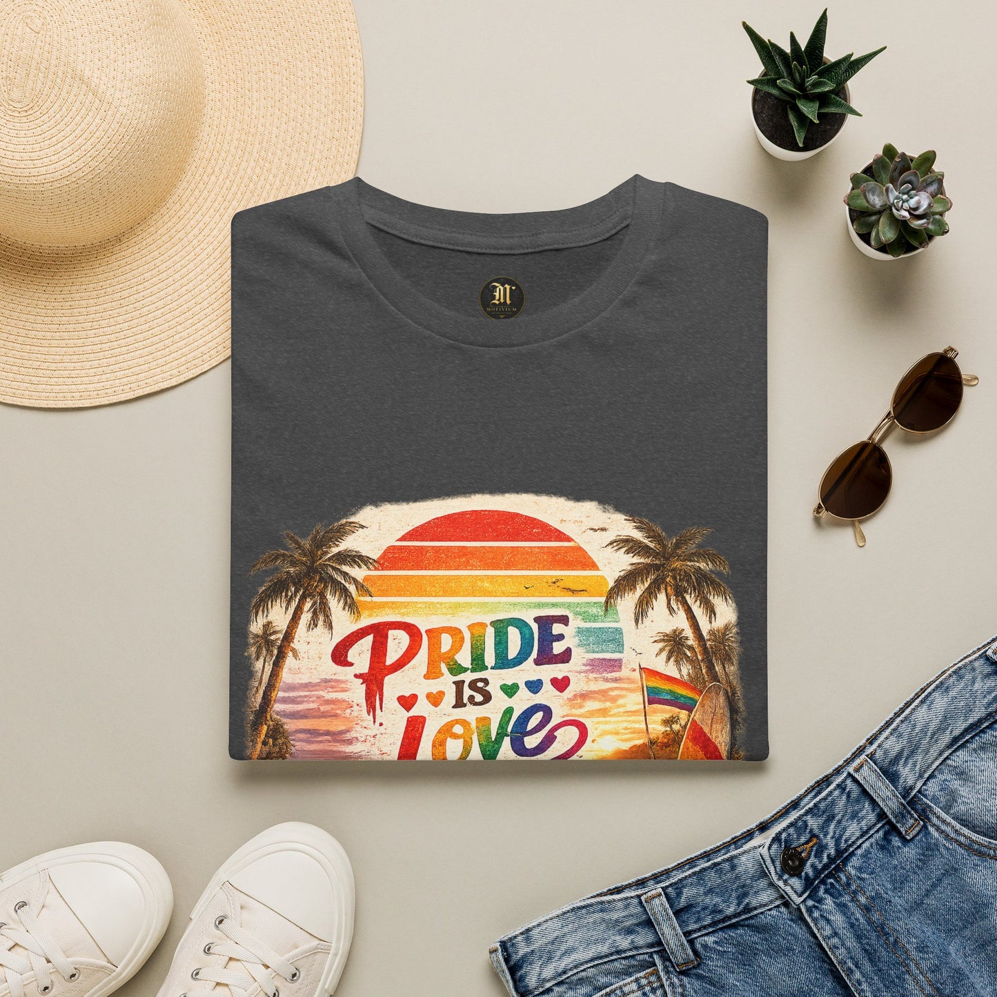 🌈 Pride Is Love Beach Edition T-Shirt | LGBTQ+ Pride Month Retro Sunset Surf Shirt | Rainbow Beach Summer Tee