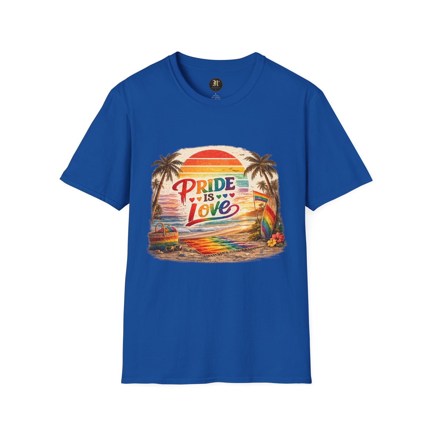 🌈 Pride Is Love Beach Edition T-Shirt | LGBTQ+ Pride Month Retro Sunset Surf Shirt | Rainbow Beach Summer Tee