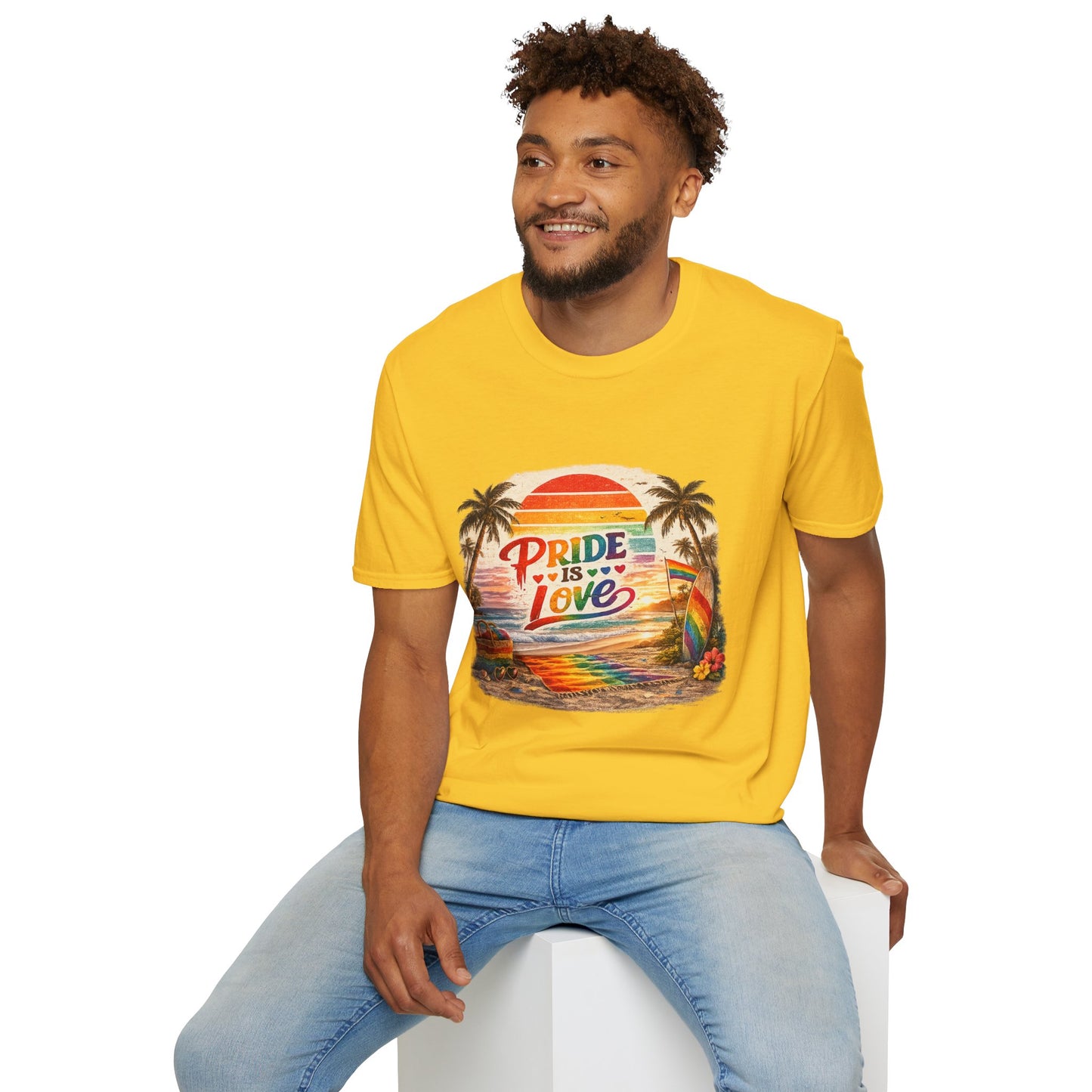 🌈 Pride Is Love Beach Edition T-Shirt | LGBTQ+ Pride Month Retro Sunset Surf Shirt | Rainbow Beach Summer Tee