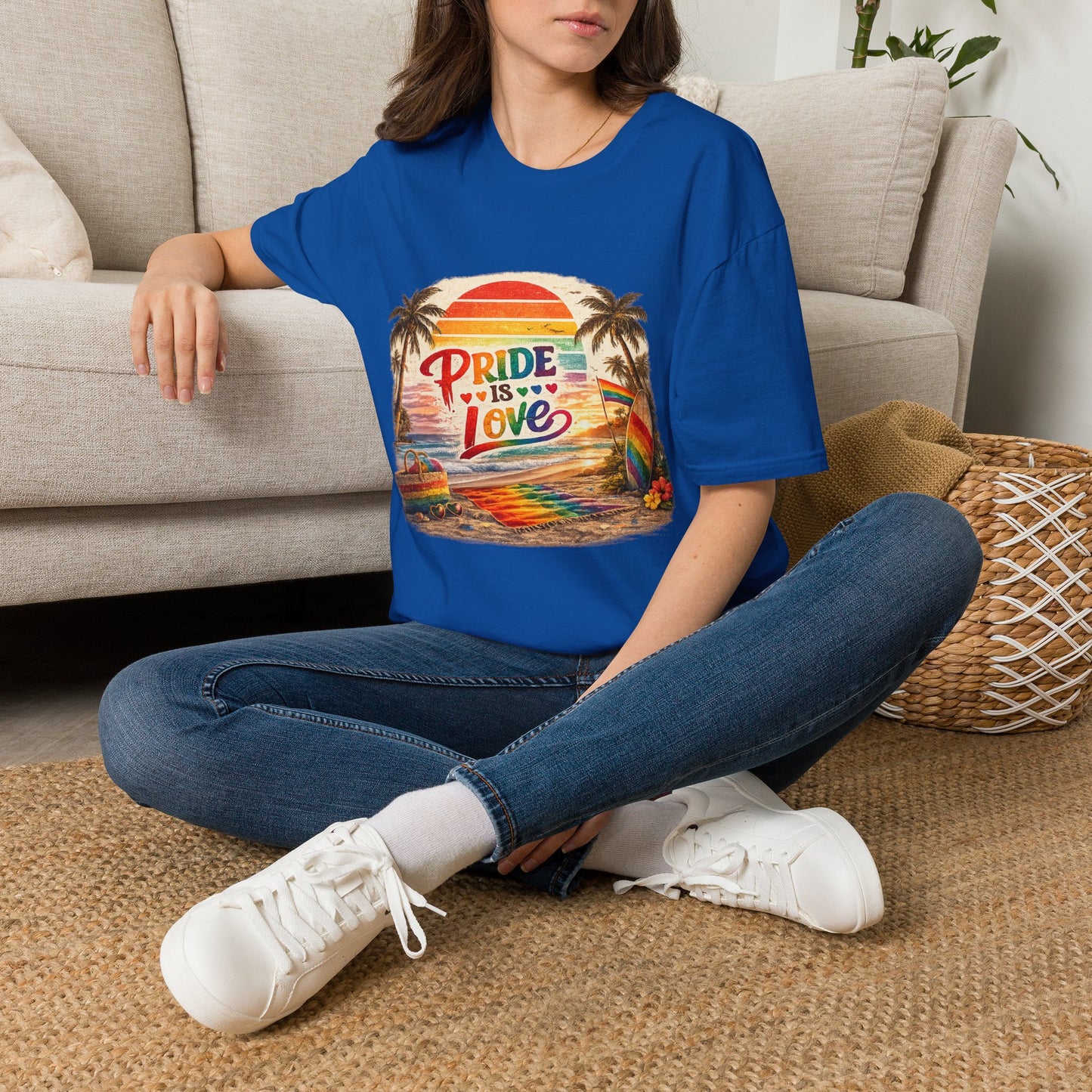 🌈 Pride Is Love Beach Edition T-Shirt | LGBTQ+ Pride Month Retro Sunset Surf Shirt | Rainbow Beach Summer Tee