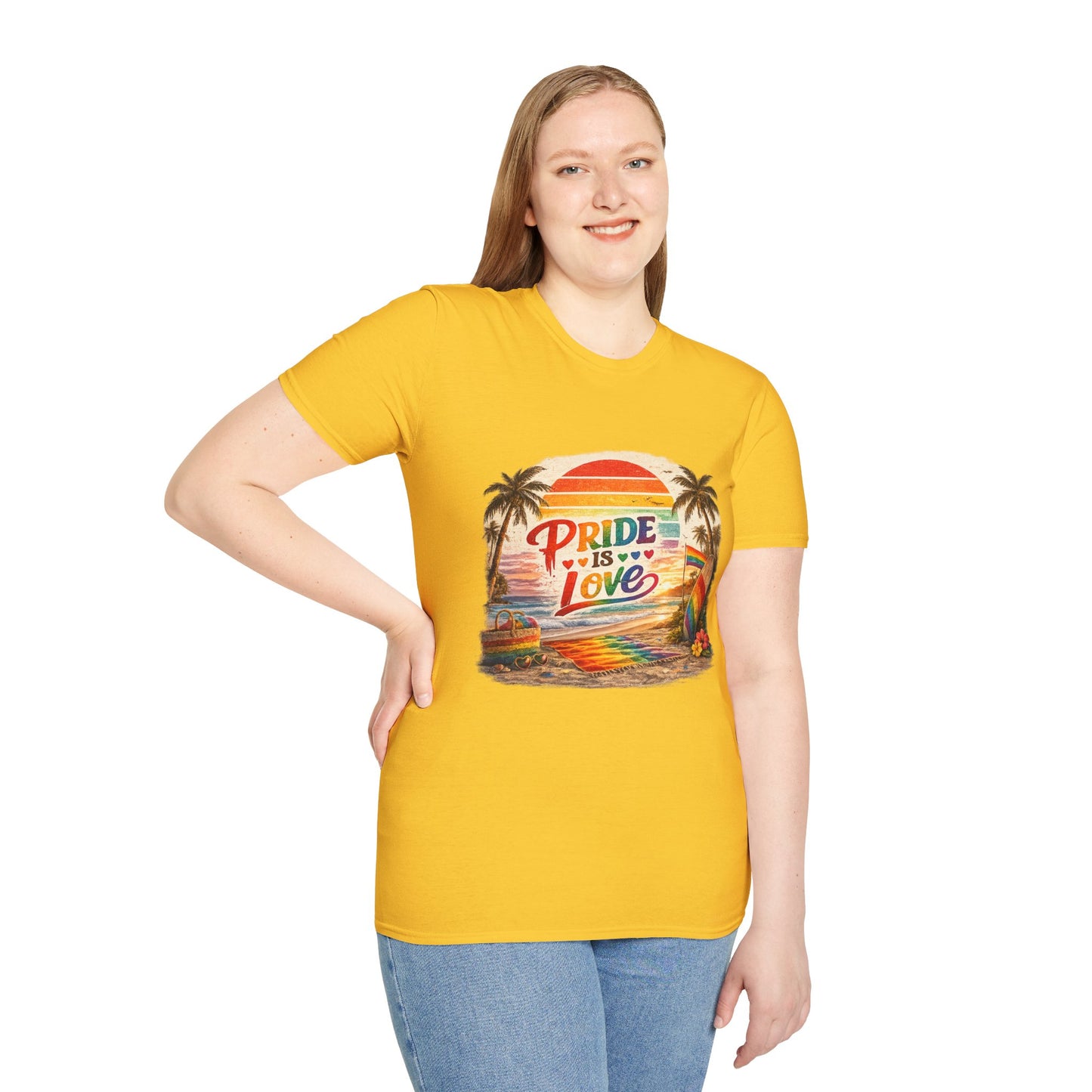 🌈 Pride Is Love Beach Edition T-Shirt | LGBTQ+ Pride Month Retro Sunset Surf Shirt | Rainbow Beach Summer Tee