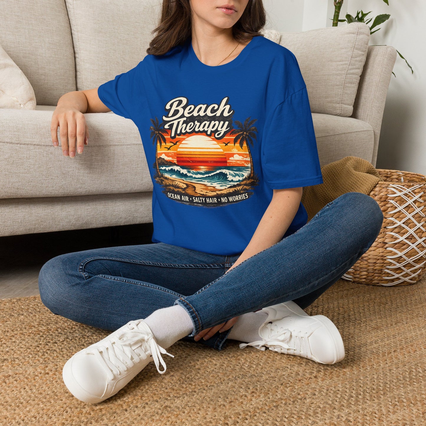 Beach Therapy Vintage Sunset T-Shirt – Ocean Air Salty Hair No Worries Summer Beach Shirt