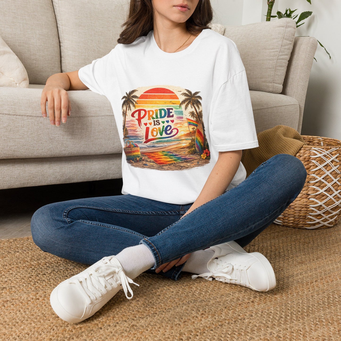 🌈 Pride Is Love Beach Edition T-Shirt | LGBTQ+ Pride Month Retro Sunset Surf Shirt | Rainbow Beach Summer Tee