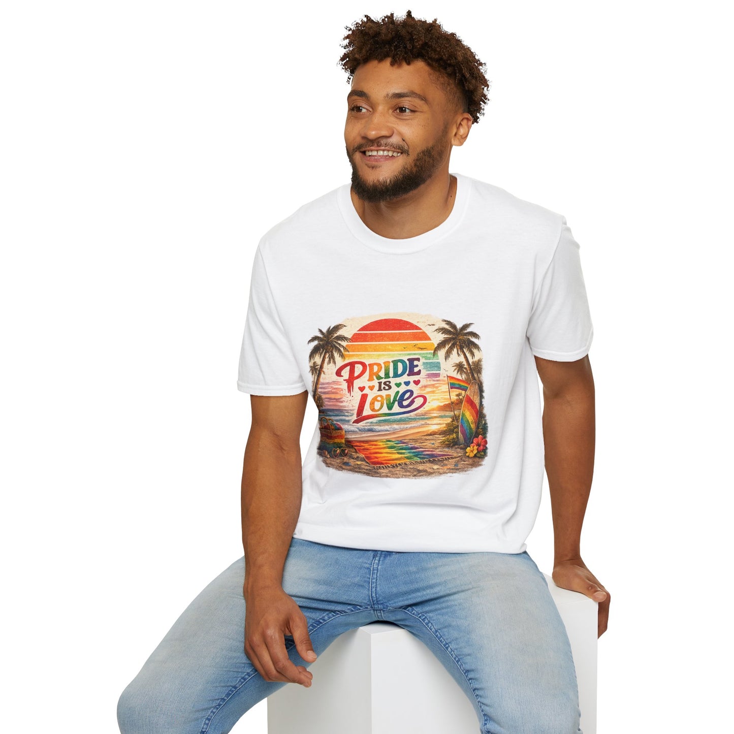 🌈 Pride Is Love Beach Edition T-Shirt | LGBTQ+ Pride Month Retro Sunset Surf Shirt | Rainbow Beach Summer Tee