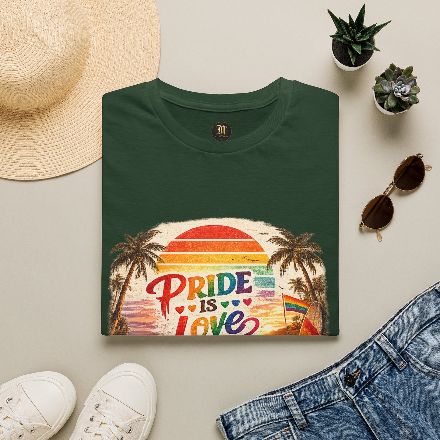 🌈 Pride Is Love Beach Edition T-Shirt | LGBTQ+ Pride Month Retro Sunset Surf Shirt | Rainbow Beach Summer Tee