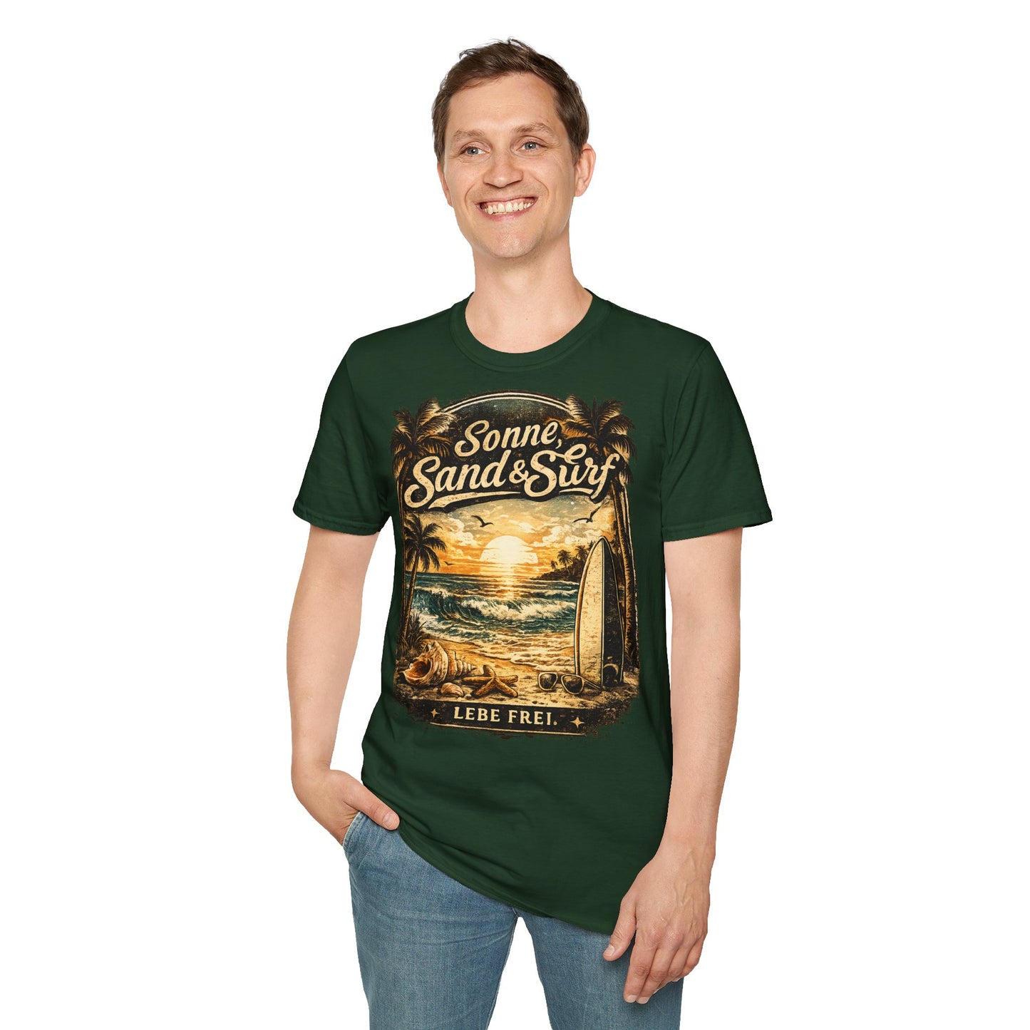 🌴 Sonne, Sand & Surf T-Shirt – Lebe Frei | Vintage Beach Lifestyle Design