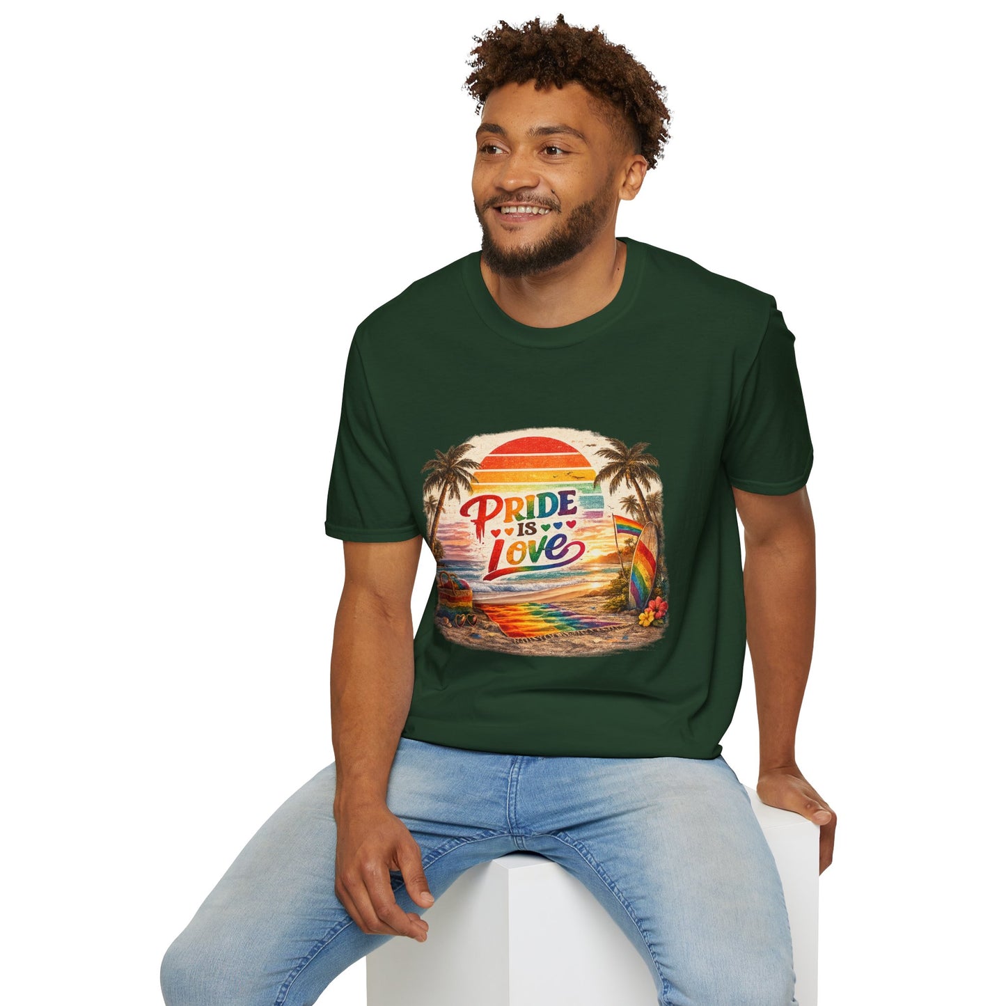 🌈 Pride Is Love Beach Edition T-Shirt | LGBTQ+ Pride Month Retro Sunset Surf Shirt | Rainbow Beach Summer Tee