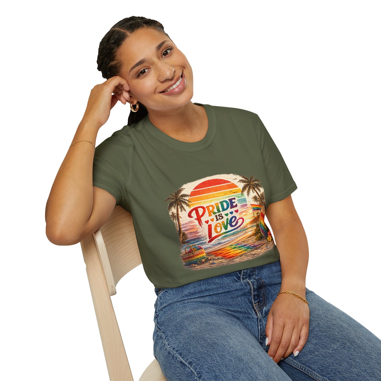 🌈 Pride Is Love Beach Edition T-Shirt | LGBTQ+ Pride Month Retro Sunset Surf Shirt | Rainbow Beach Summer Tee