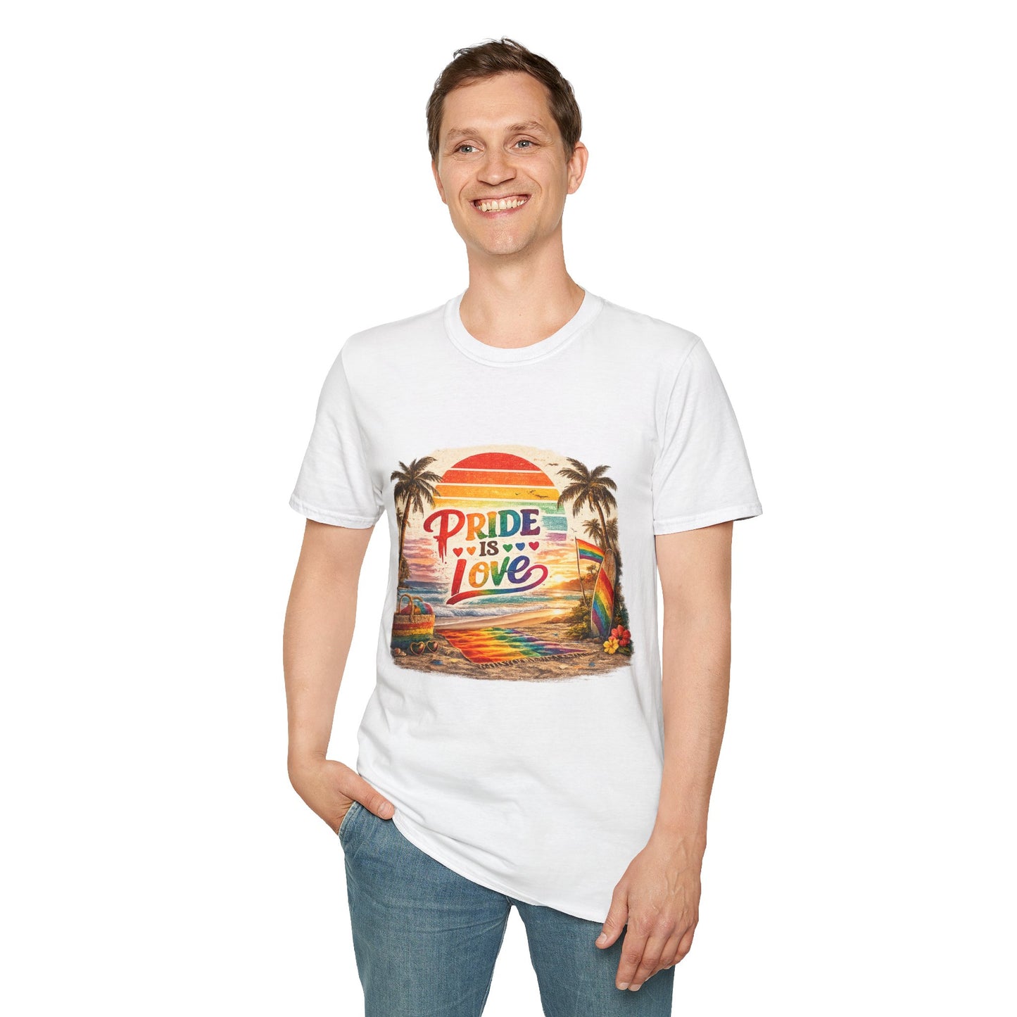 🌈 Pride Is Love Beach Edition T-Shirt | LGBTQ+ Pride Month Retro Sunset Surf Shirt | Rainbow Beach Summer Tee