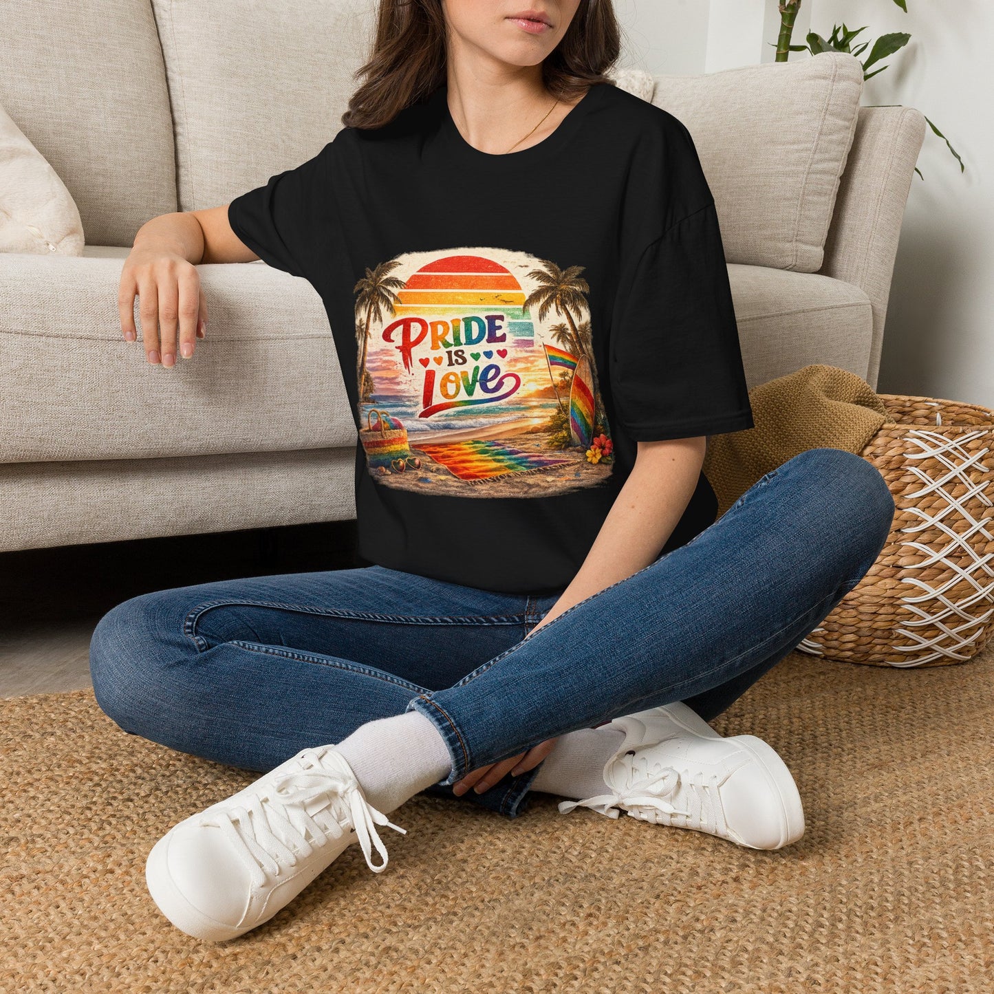 🌈 Pride Is Love Beach Edition T-Shirt | LGBTQ+ Pride Month Retro Sunset Surf Shirt | Rainbow Beach Summer Tee