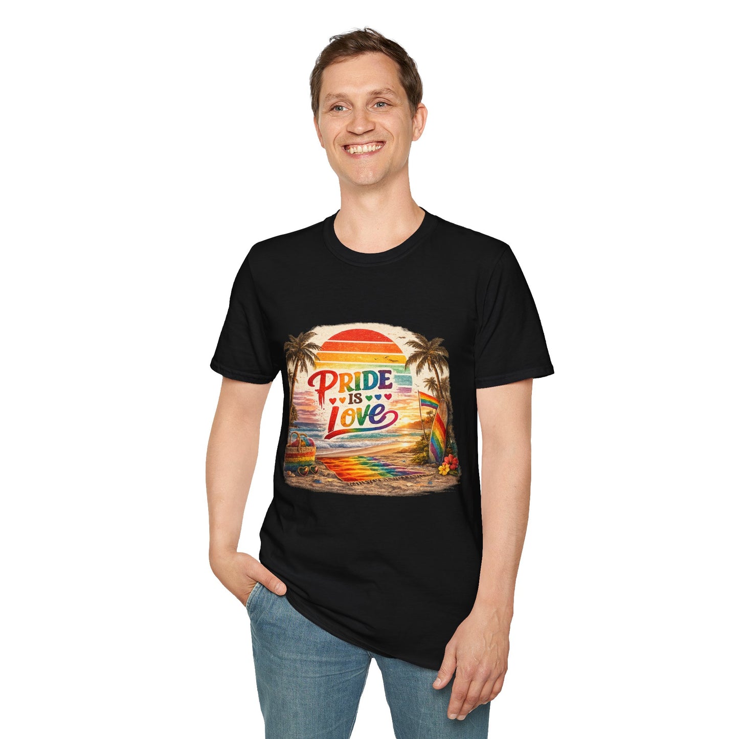 🌈 Pride Is Love Beach Edition T-Shirt | LGBTQ+ Pride Month Retro Sunset Surf Shirt | Rainbow Beach Summer Tee