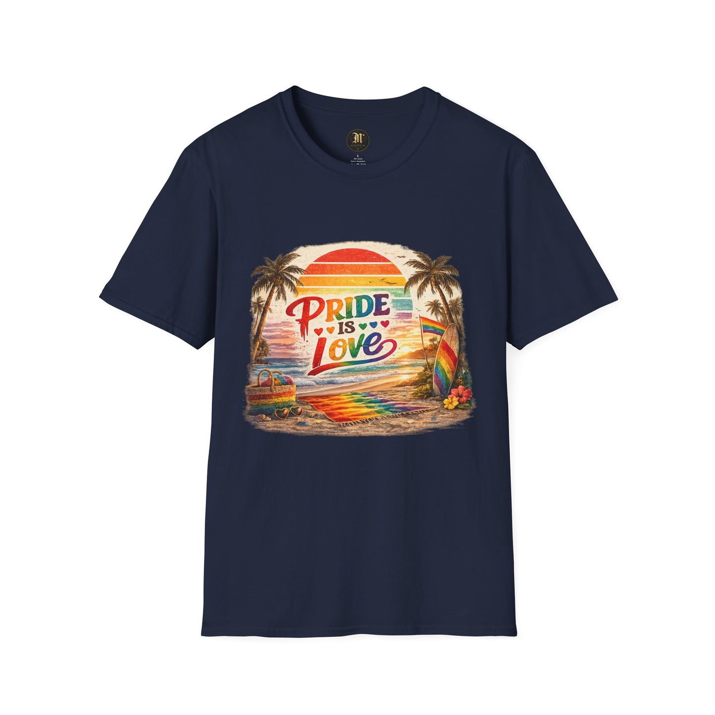 🌈 Pride Is Love Beach Edition T-Shirt | LGBTQ+ Pride Month Retro Sunset Surf Shirt | Rainbow Beach Summer Tee