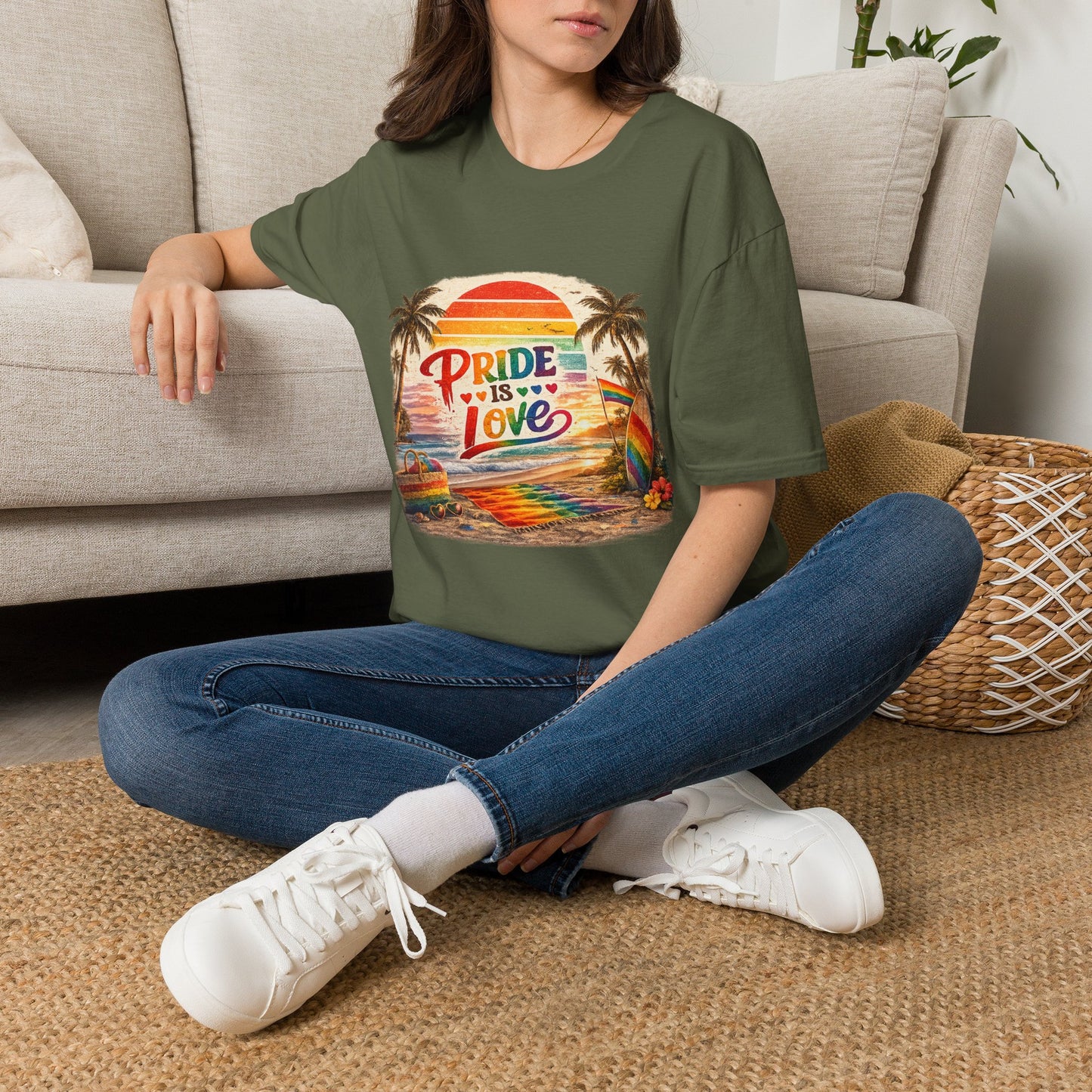 🌈 Pride Is Love Beach Edition T-Shirt | LGBTQ+ Pride Month Retro Sunset Surf Shirt | Rainbow Beach Summer Tee