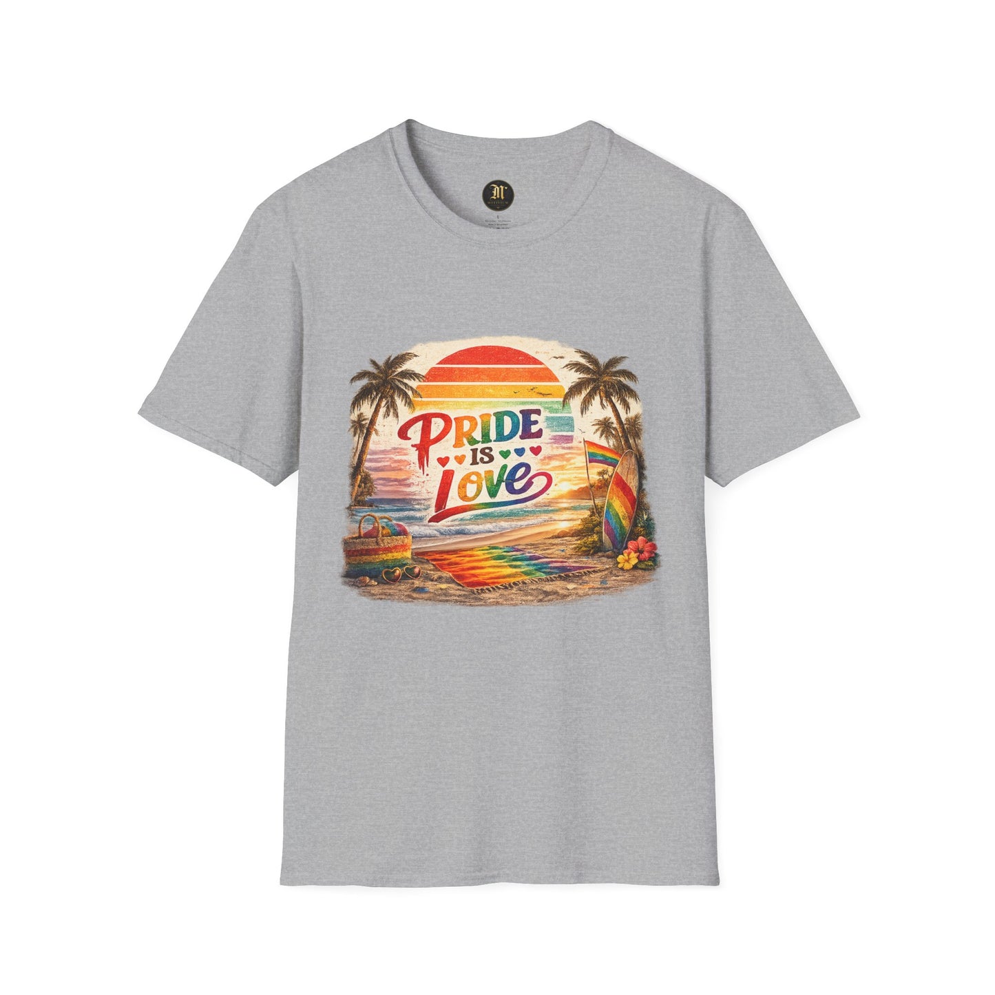 🌈 Pride Is Love Beach Edition T-Shirt | LGBTQ+ Pride Month Retro Sunset Surf Shirt | Rainbow Beach Summer Tee