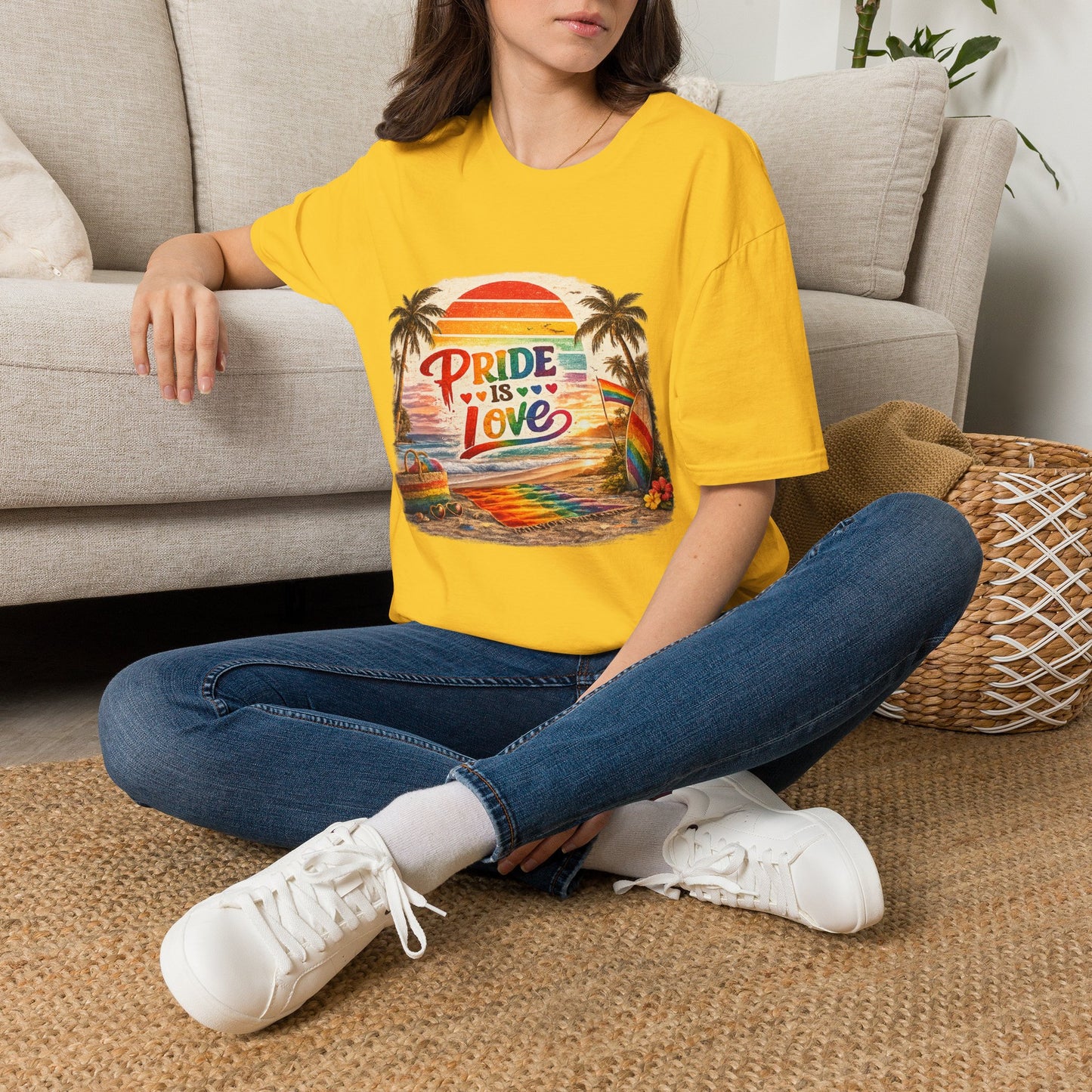 🌈 Pride Is Love Beach Edition T-Shirt | LGBTQ+ Pride Month Retro Sunset Surf Shirt | Rainbow Beach Summer Tee