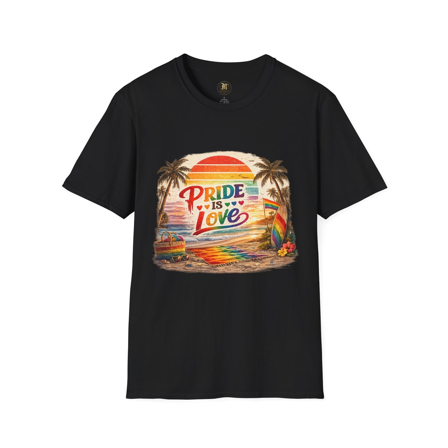 🌈 Pride Is Love Beach Edition T-Shirt | LGBTQ+ Pride Month Retro Sunset Surf Shirt | Rainbow Beach Summer Tee
