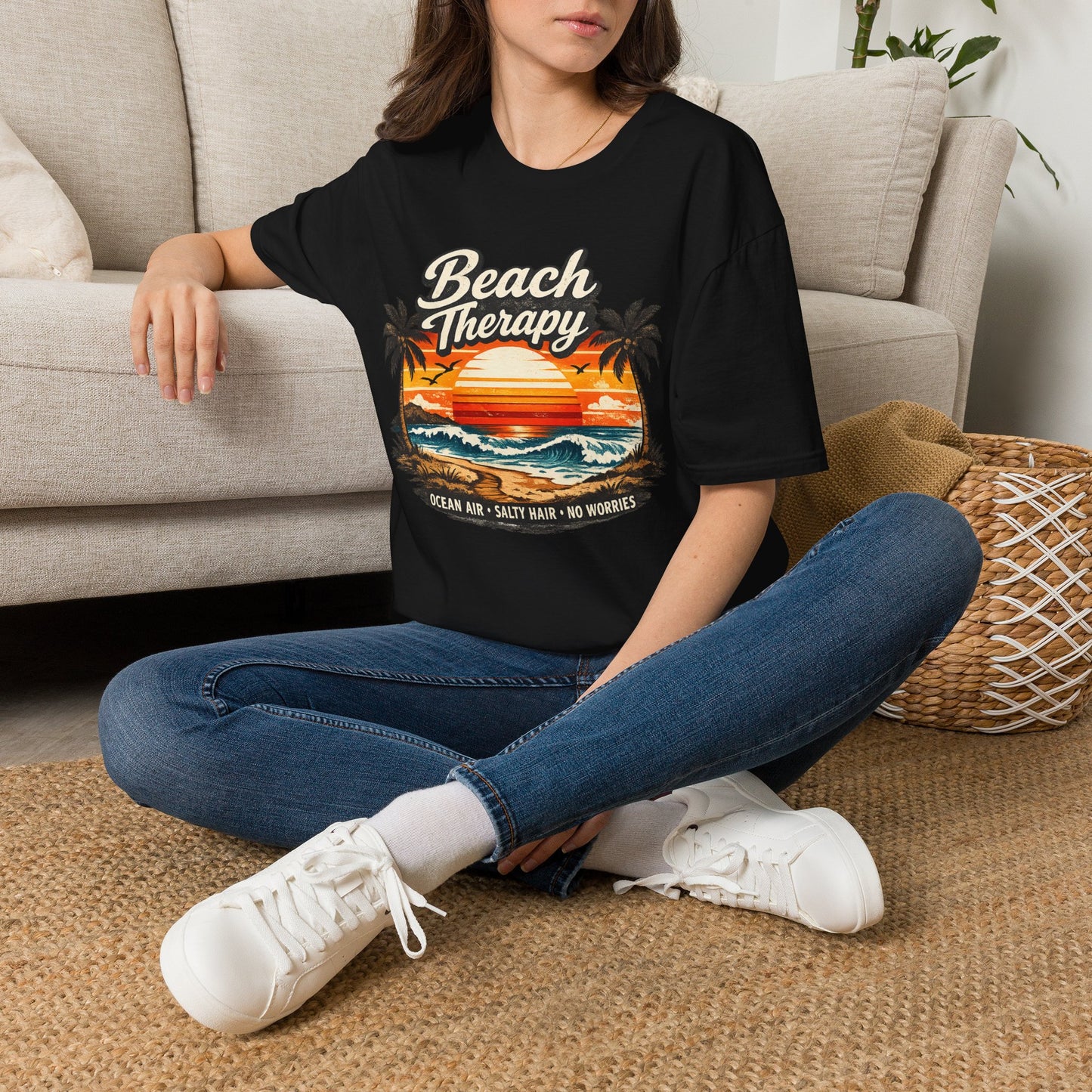 Beach Therapy Vintage Sunset T-Shirt – Ocean Air Salty Hair No Worries Summer Beach Shirt