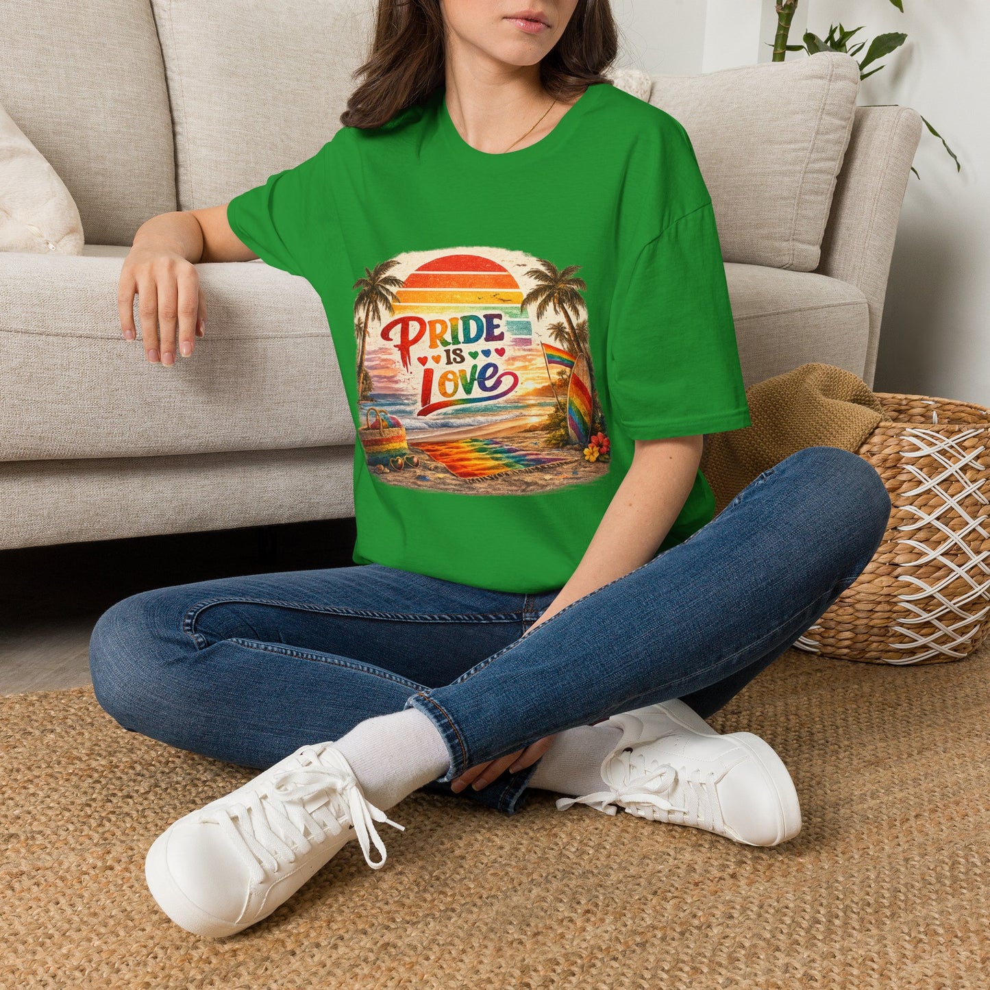 🌈 Pride Is Love Beach Edition T-Shirt | LGBTQ+ Pride Month Retro Sunset Surf Shirt | Rainbow Beach Summer Tee