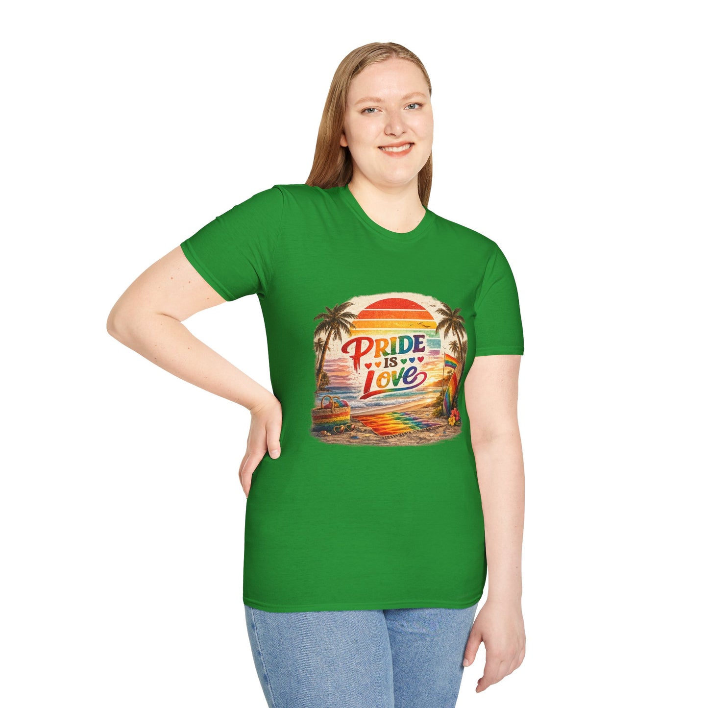 🌈 Pride Is Love Beach Edition T-Shirt | LGBTQ+ Pride Month Retro Sunset Surf Shirt | Rainbow Beach Summer Tee