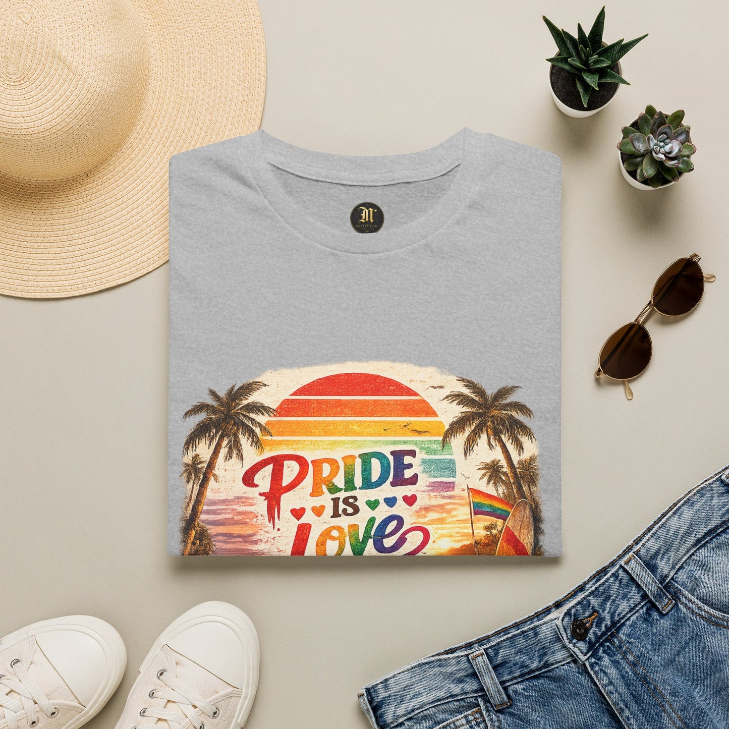 🌈 Pride Is Love Beach Edition T-Shirt | LGBTQ+ Pride Month Retro Sunset Surf Shirt | Rainbow Beach Summer Tee