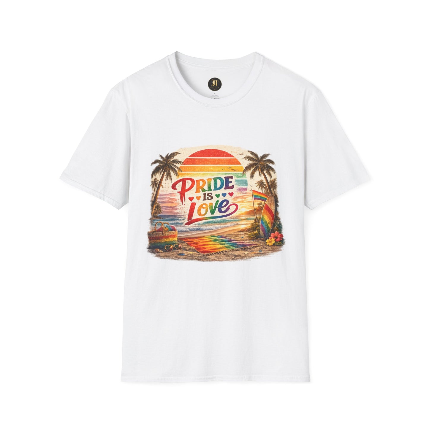 🌈 Pride Is Love Beach Edition T-Shirt | LGBTQ+ Pride Month Retro Sunset Surf Shirt | Rainbow Beach Summer Tee