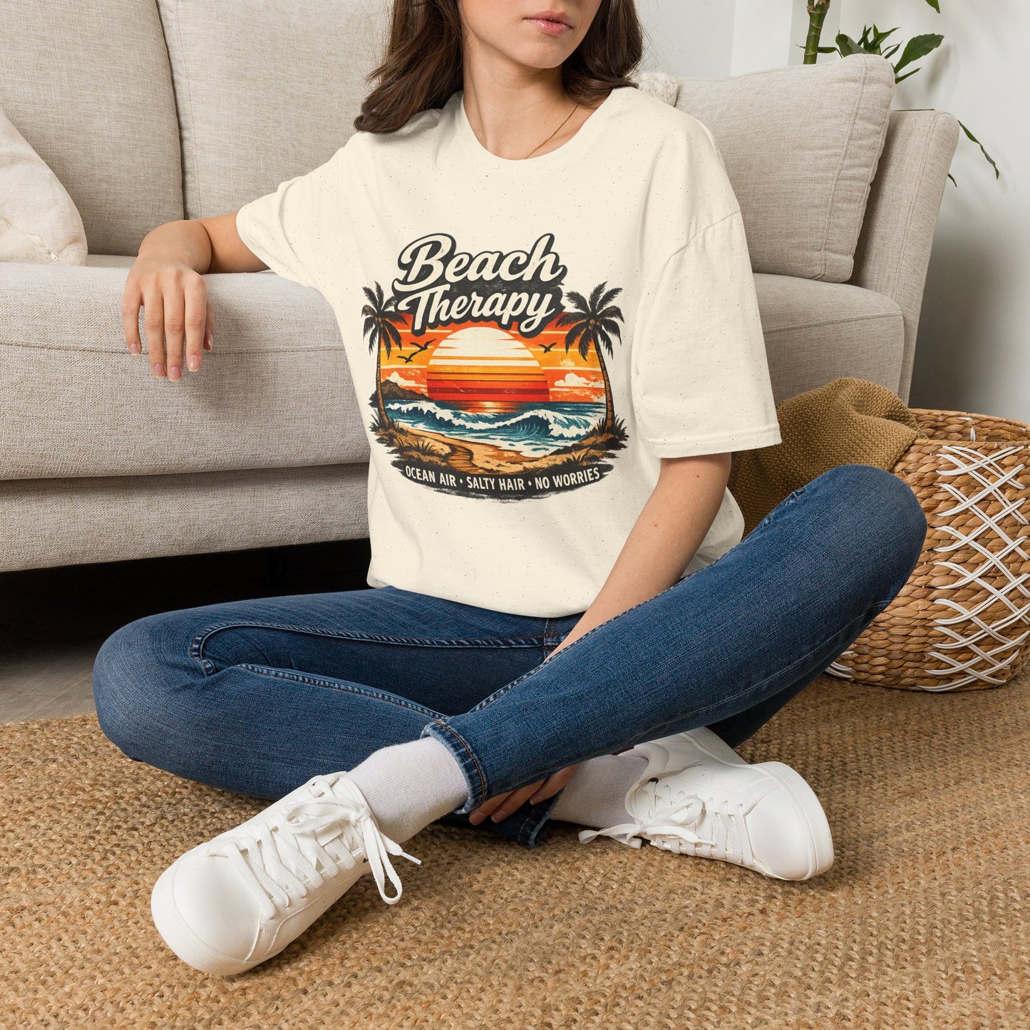 Beach Therapy Vintage Sunset T-Shirt – Ocean Air Salty Hair No Worries Summer Beach Shirt