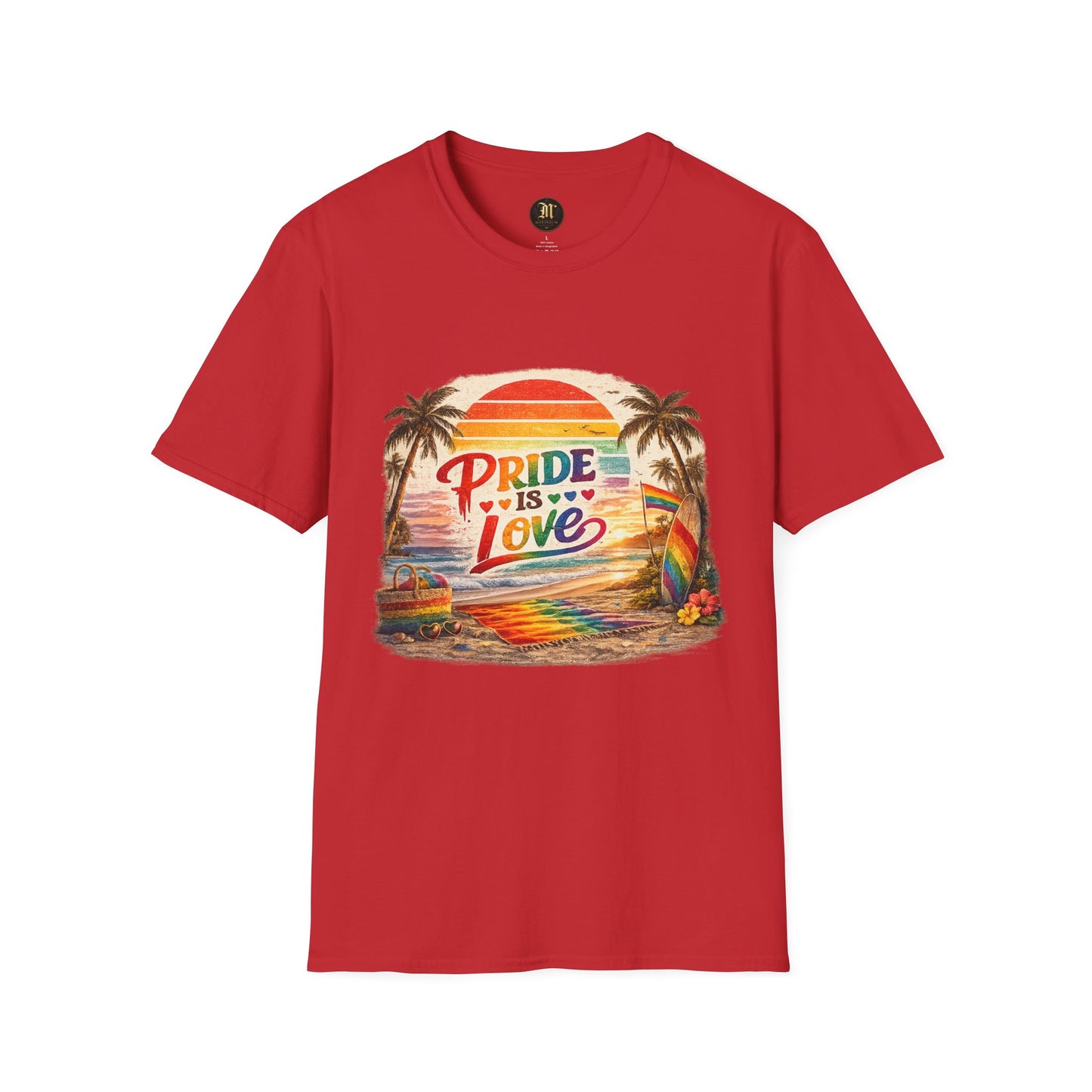 🌈 Pride Is Love Beach Edition T-Shirt | LGBTQ+ Pride Month Retro Sunset Surf Shirt | Rainbow Beach Summer Tee