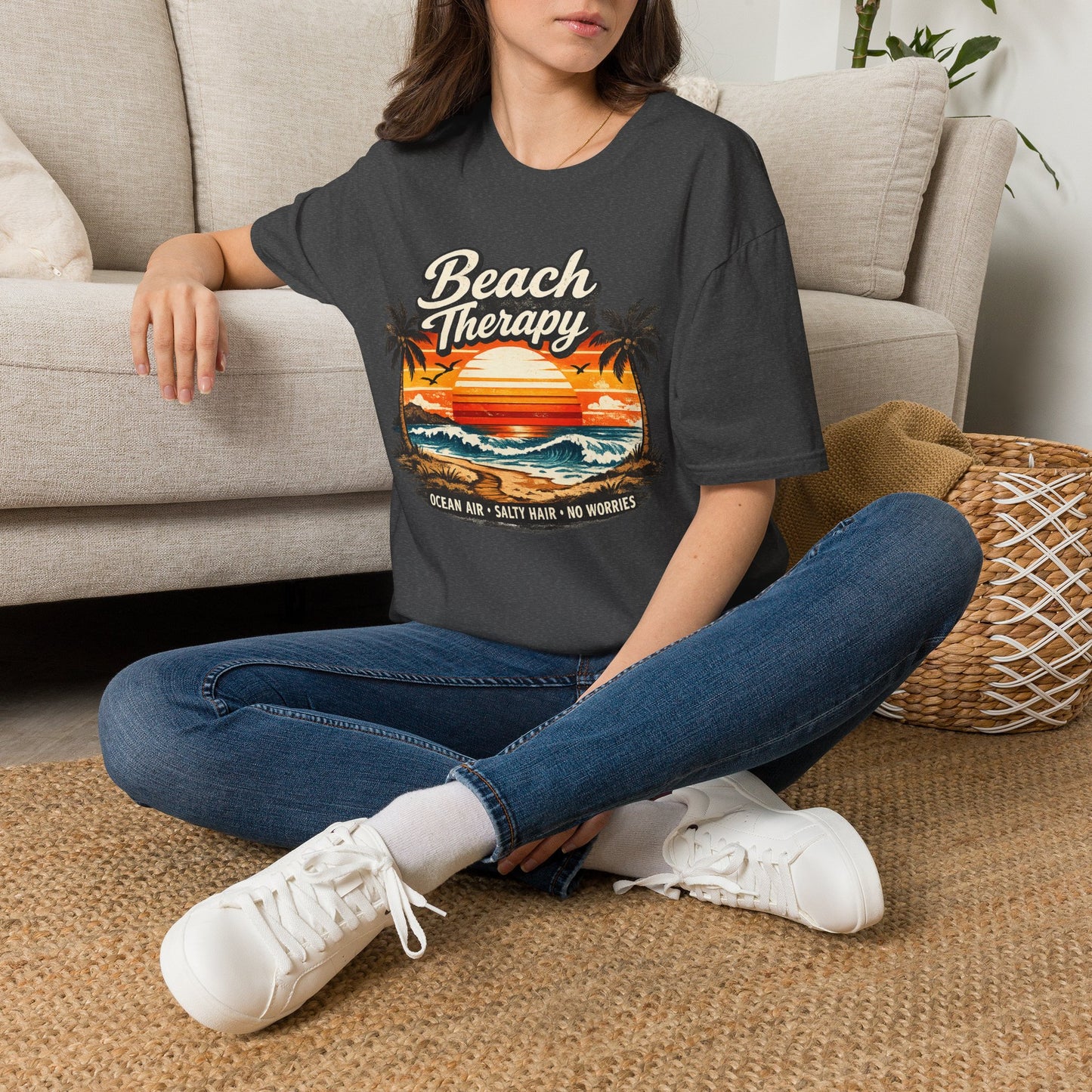 Beach Therapy Vintage Sunset T-Shirt – Ocean Air Salty Hair No Worries Summer Beach Shirt