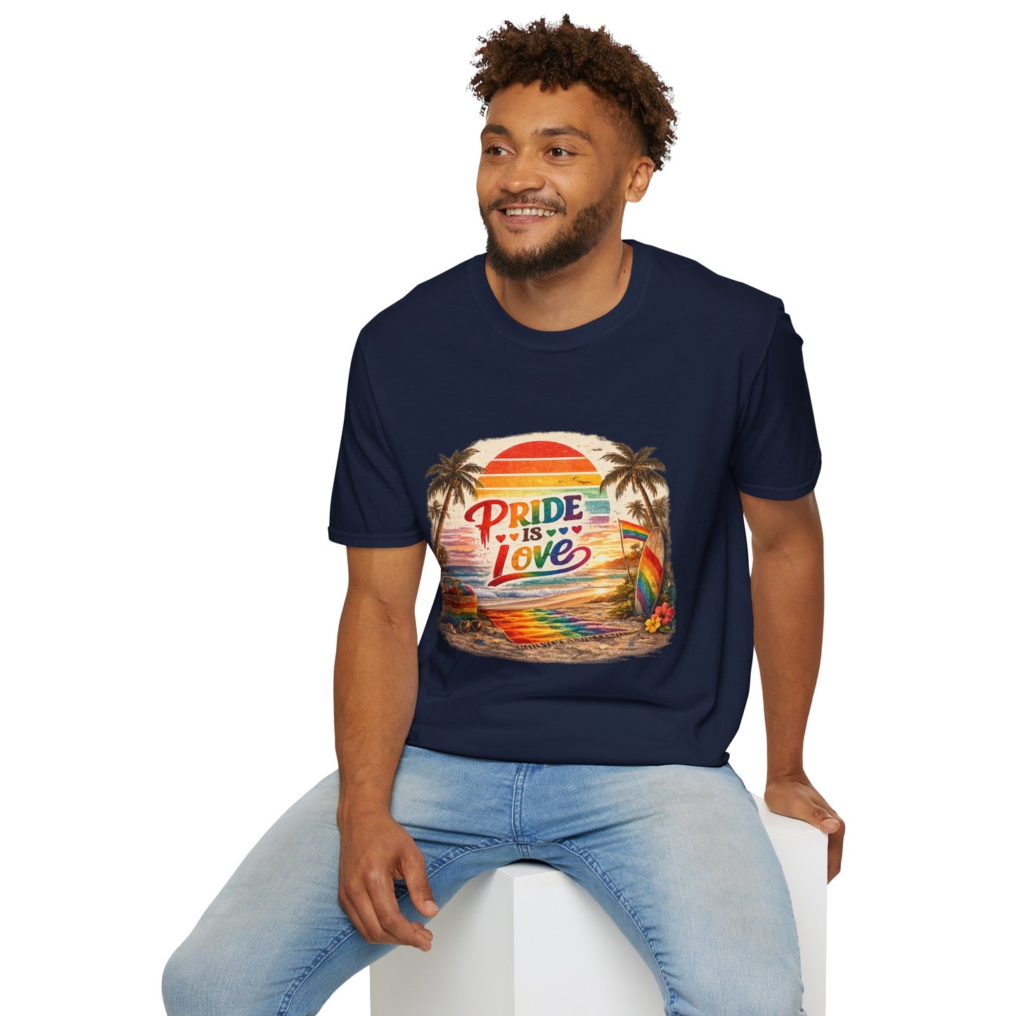 🌈 Pride Is Love Beach Edition T-Shirt | LGBTQ+ Pride Month Retro Sunset Surf Shirt | Rainbow Beach Summer Tee
