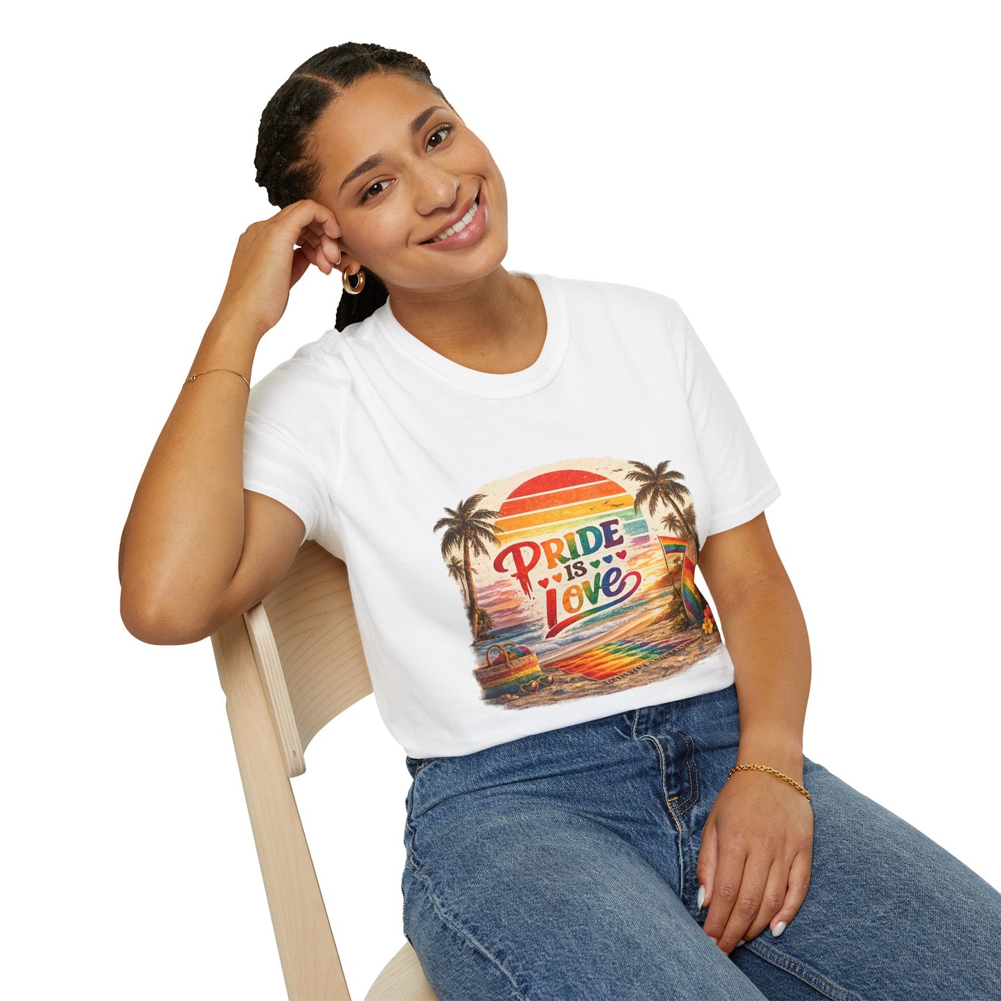 🌈 Pride Is Love Beach Edition T-Shirt | LGBTQ+ Pride Month Retro Sunset Surf Shirt | Rainbow Beach Summer Tee